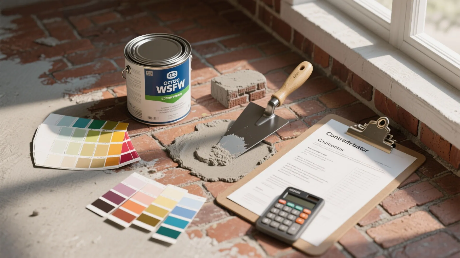Paint can tool with cement color swatches and calculator placed on a red brick floor