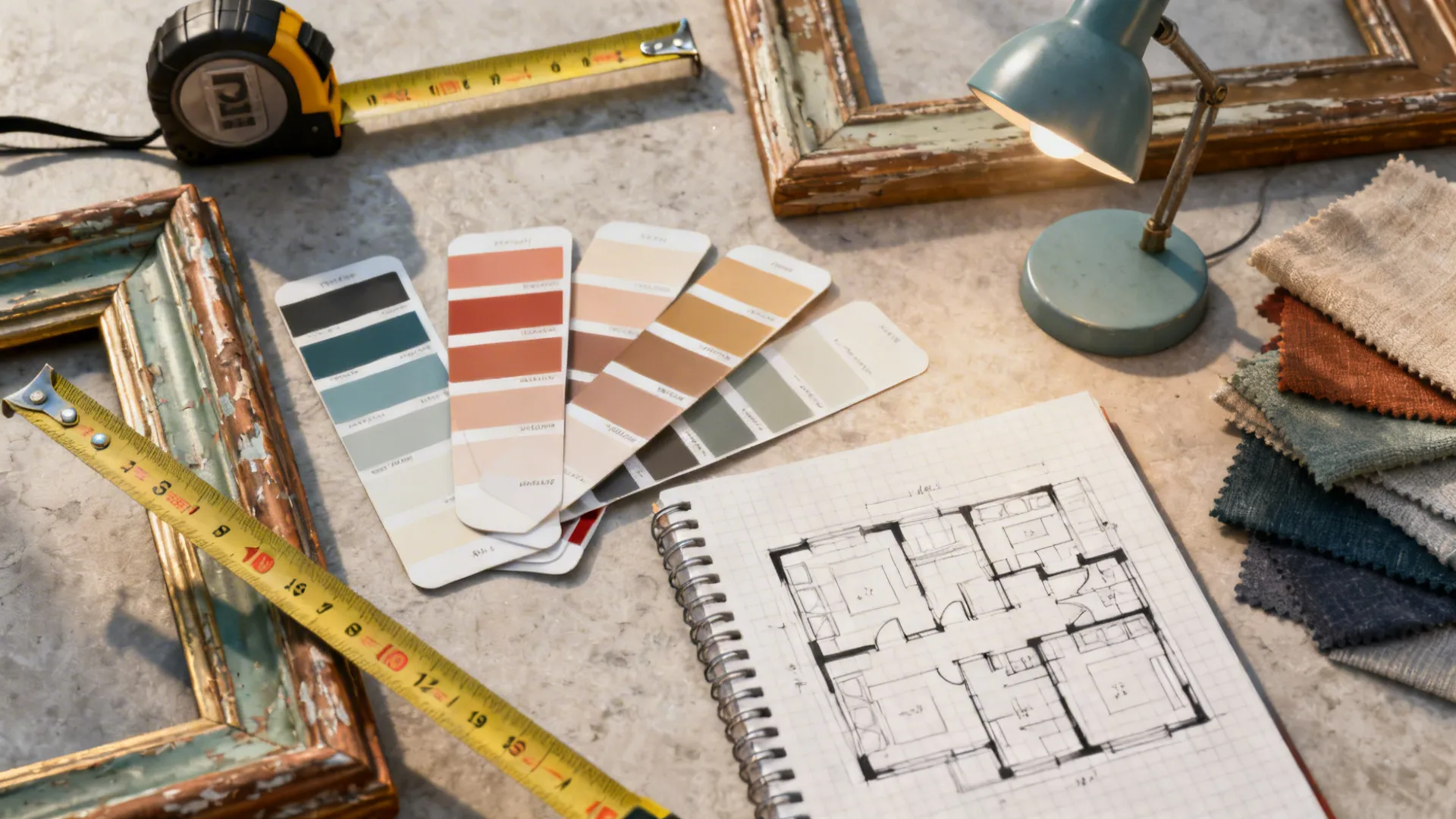 Interior design tools including tape measure, color swatches, fabric samples, and notebook with room layout