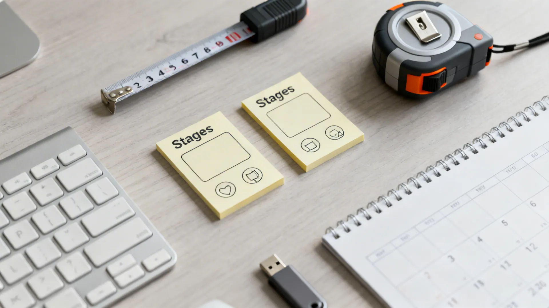 Flat lay of measuring tools, calendar, and workflow notes on a neutral desk.