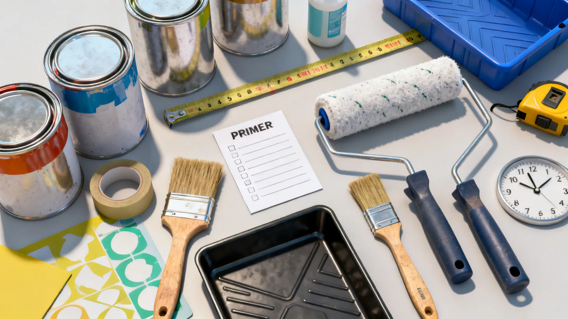 Flatlay of painting tools, stencil, glaze, and a tape measure suggesting cost and timing.