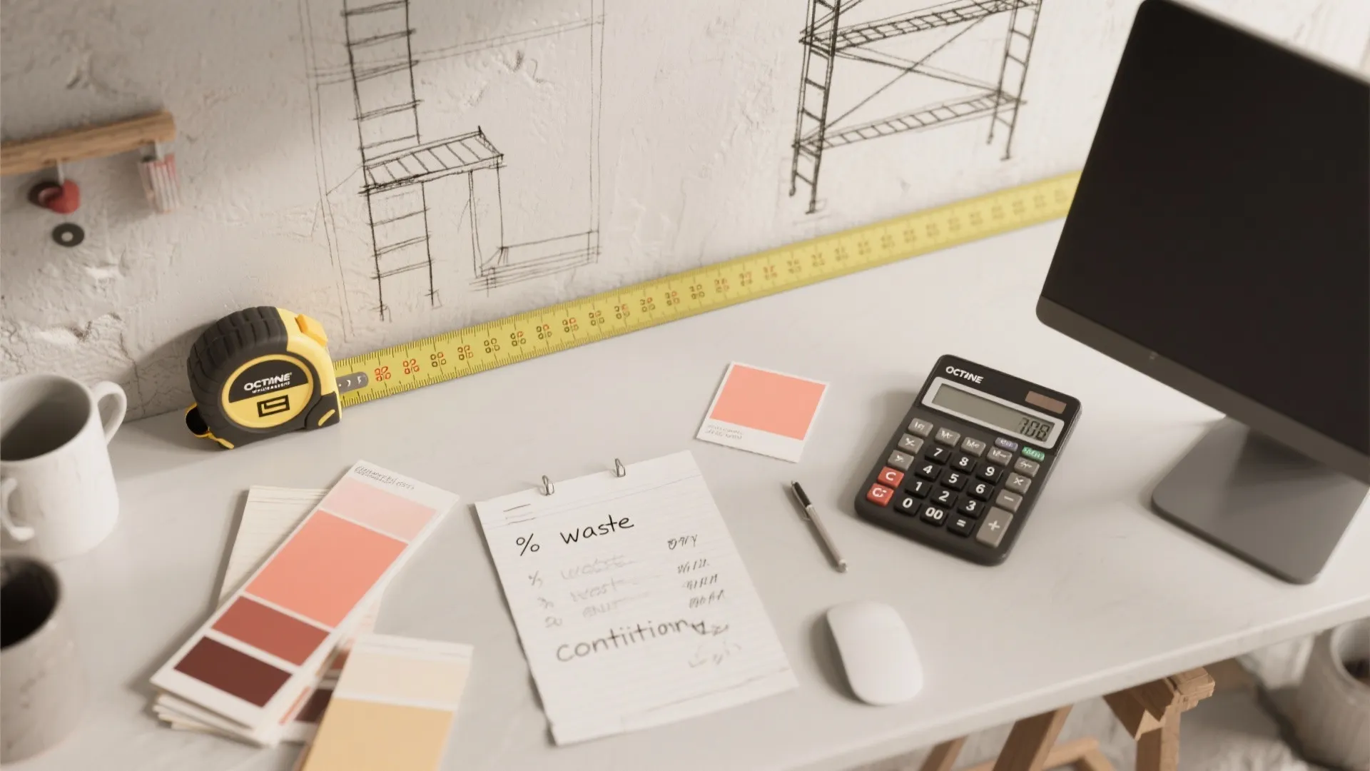 Work desk with tape measure calculator color samples computer screen and interior design drawing on wall