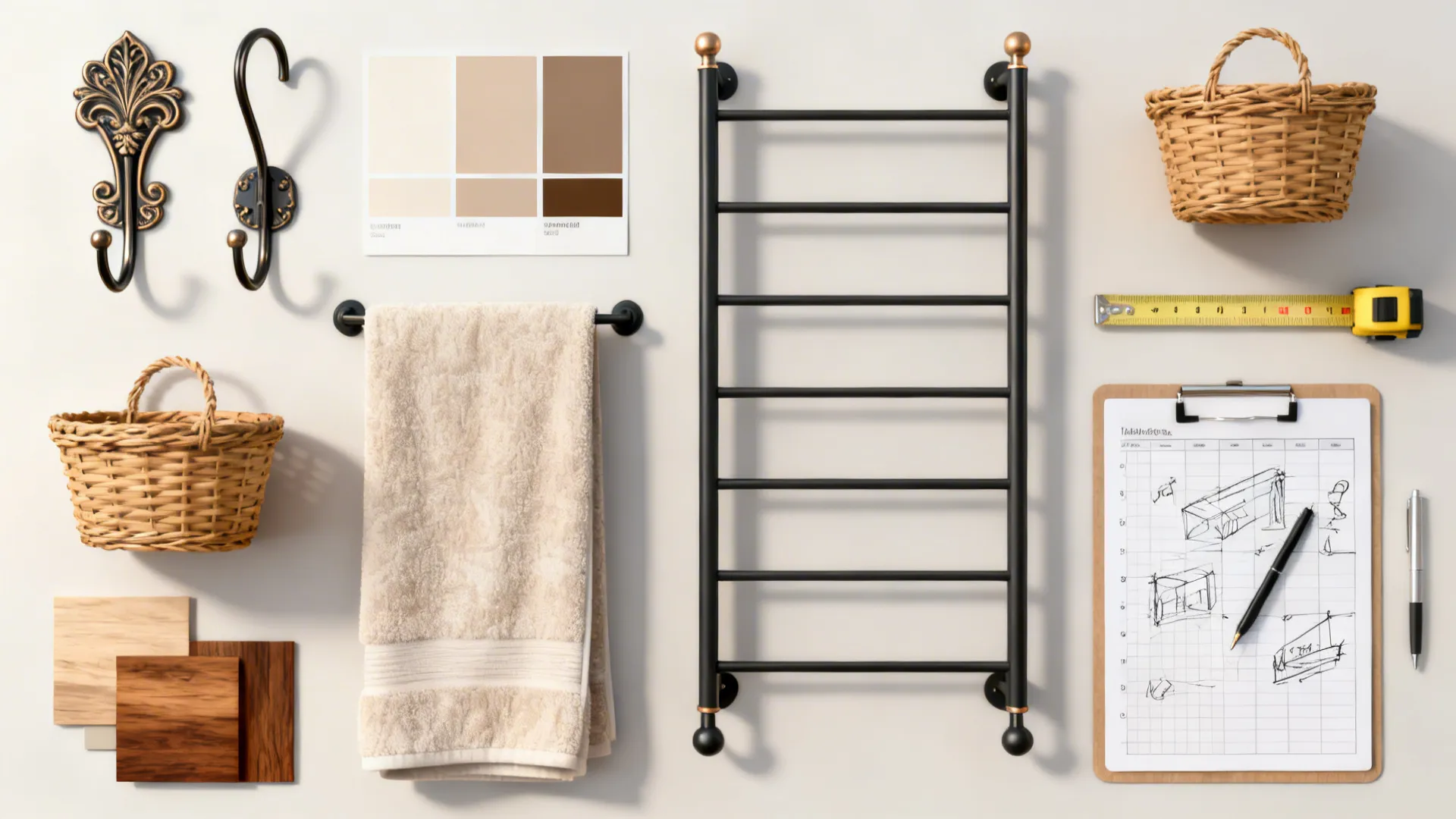 Flatlay of affordable towel storage items and planner tools for small-bath projects.