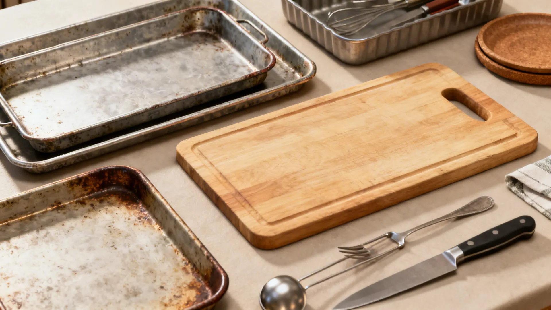 Flatlay of thrifted trays, a baking pan, and a cutting board used as budget tray alternatives.