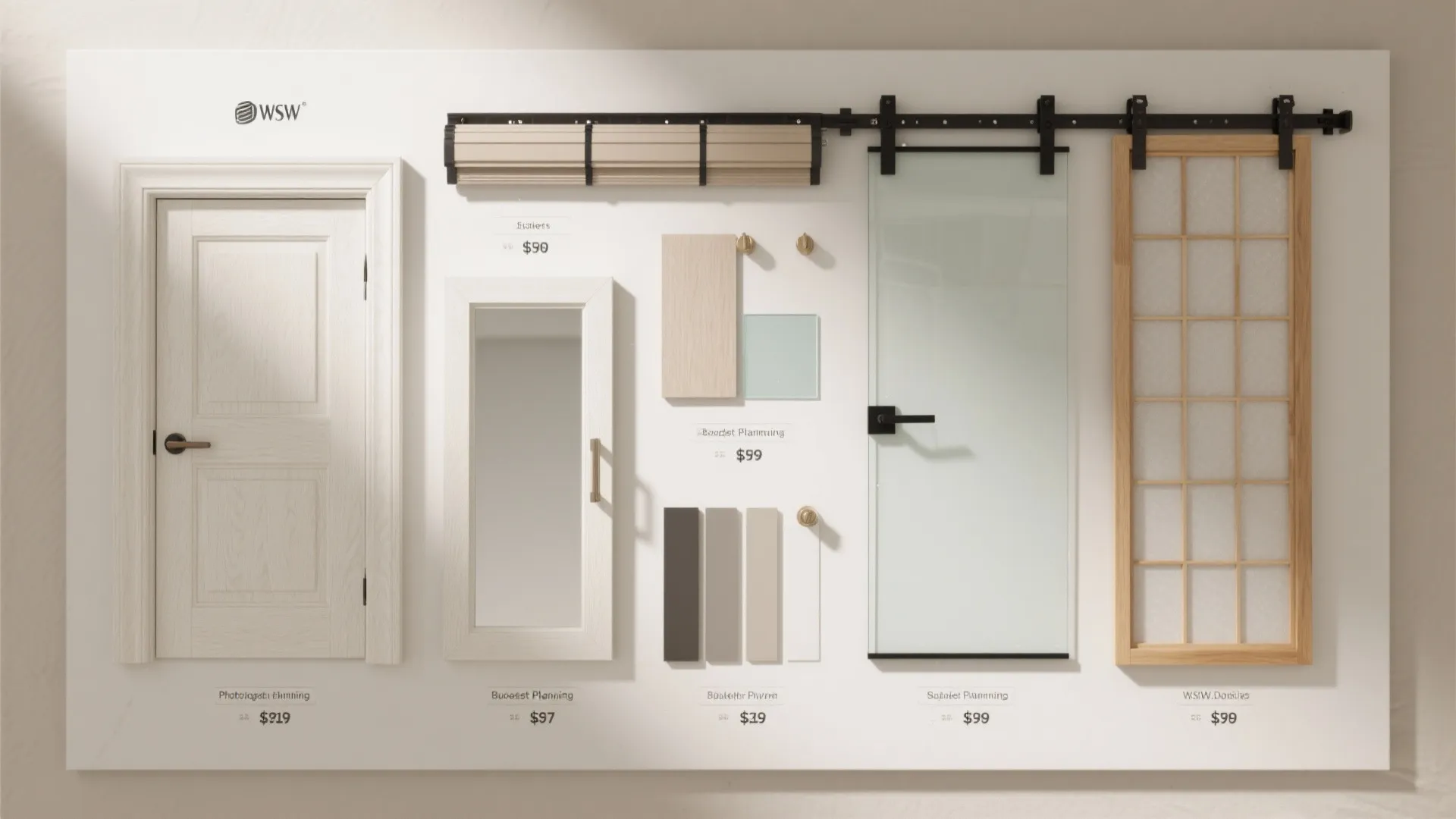 Flat lay of hardware and panel samples for pocket, bypass, glass barn, top-hung, and shoji sliders.
