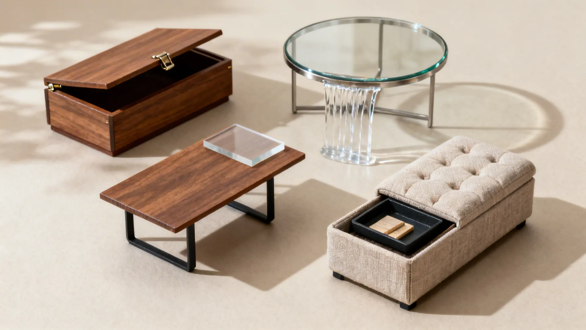 Flat lay showing mini mockups of nesting, lift-top, round glass, acrylic waterfall, and storage ottoman.