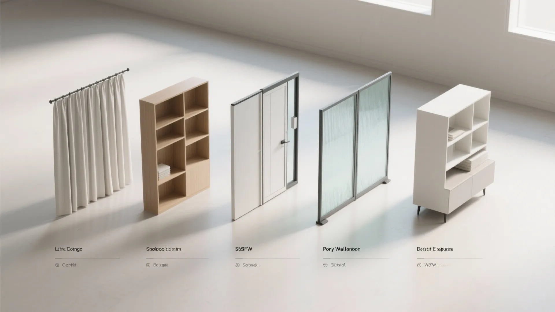 Different interior elements including curtain bookshelf door glass partition and white cabinet on white background