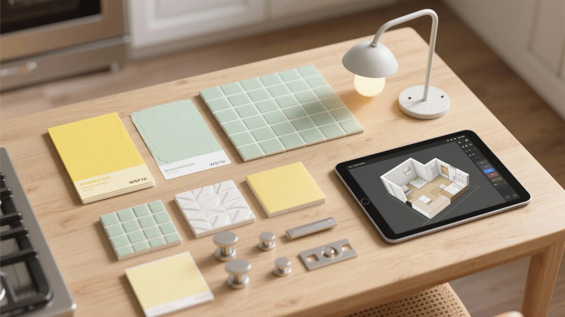 Flatlay of paint swatches, peel-and-stick tile samples, hardware and a tablet showing a 3D planner.