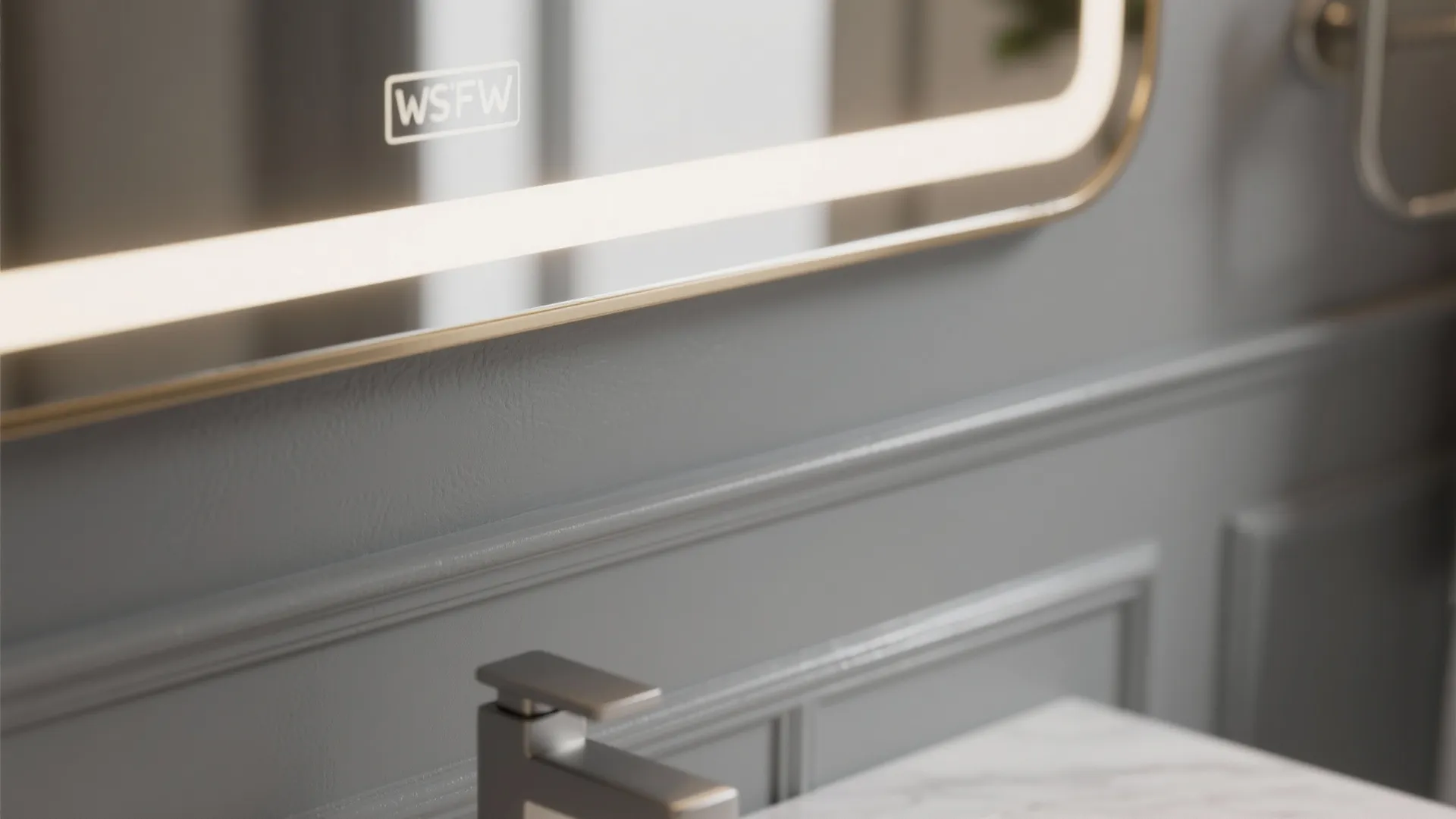 Close up of bathroom vanity with marble top silver faucet grey wall panel and mirror