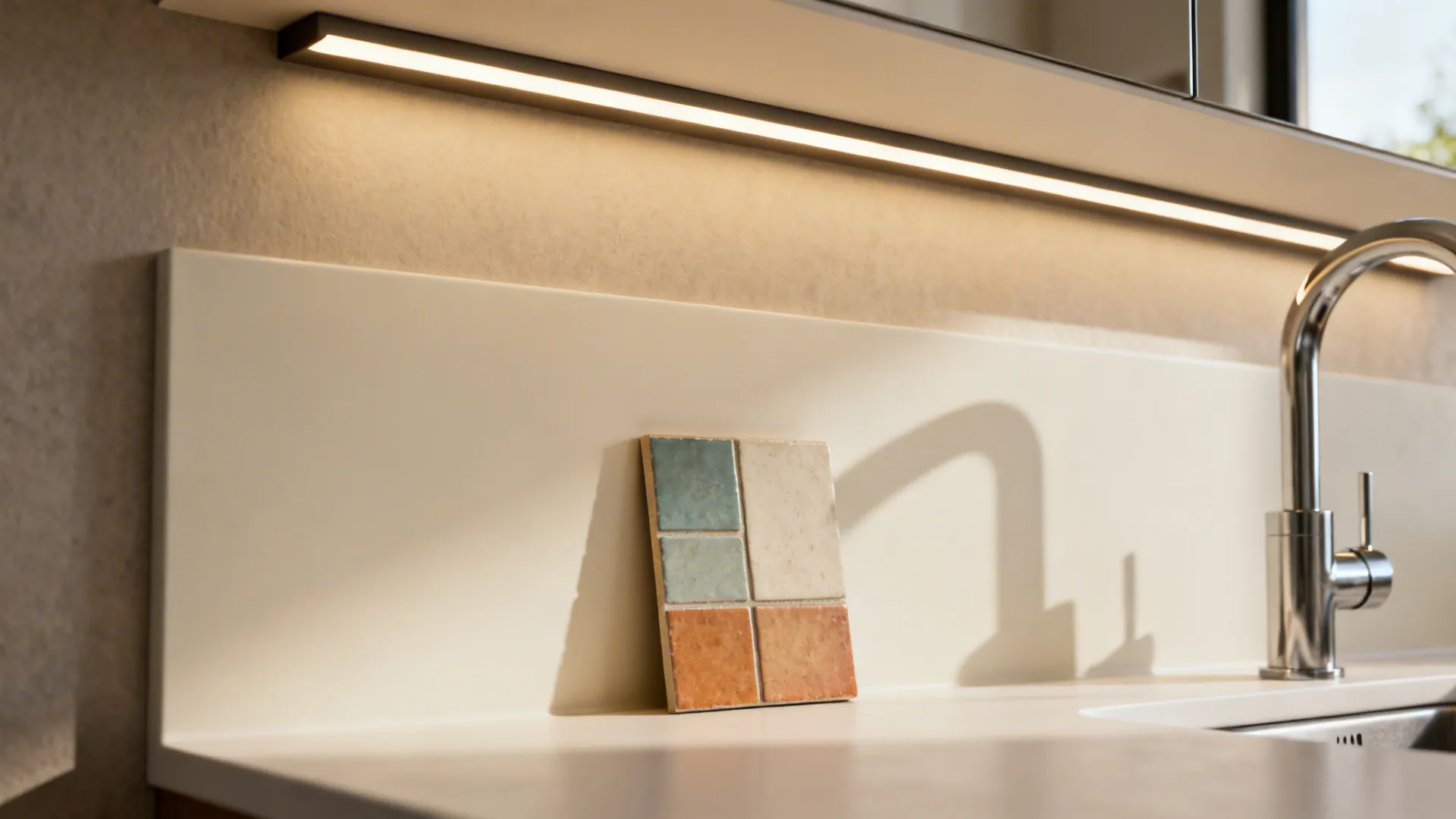 Small budget upgrade for a sink wall: a linear LED and a warm off-white painted area with an accent tile sample.