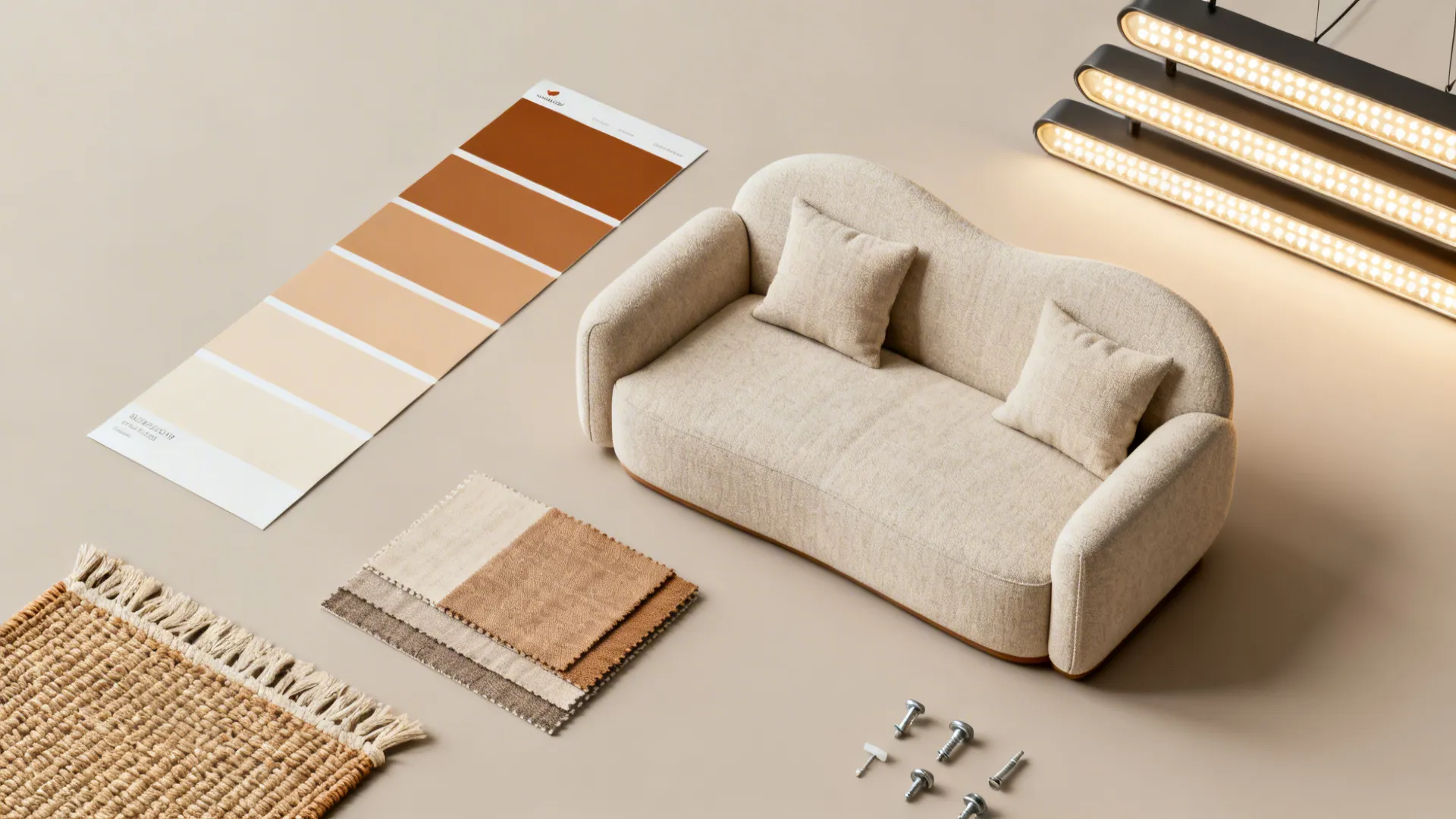 Flatlay of paint swatches, fabric sample, woven rug corner and lighting fixtures for small-space upgrades