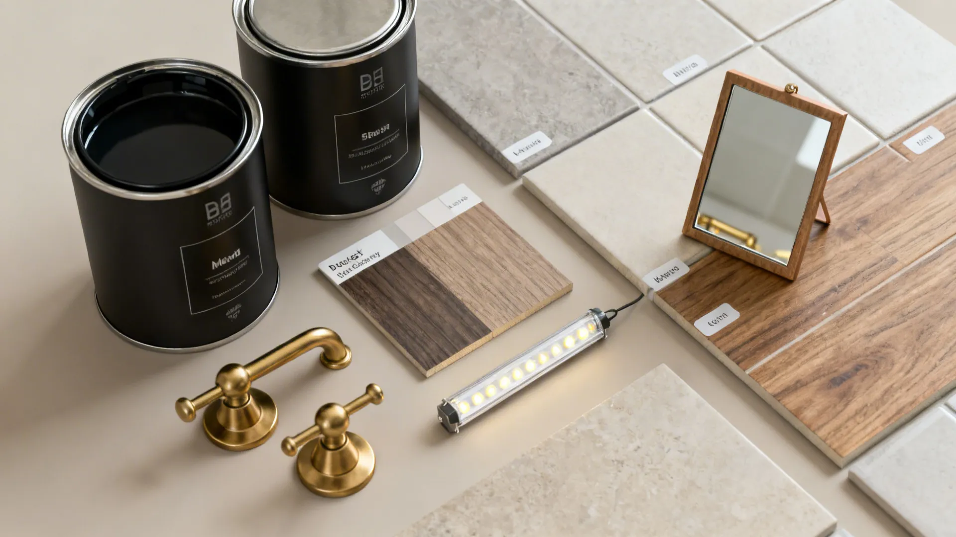 Flatlay of paint, brass hardware, LED strip and tile samples for upgrading a vanity on any budget.