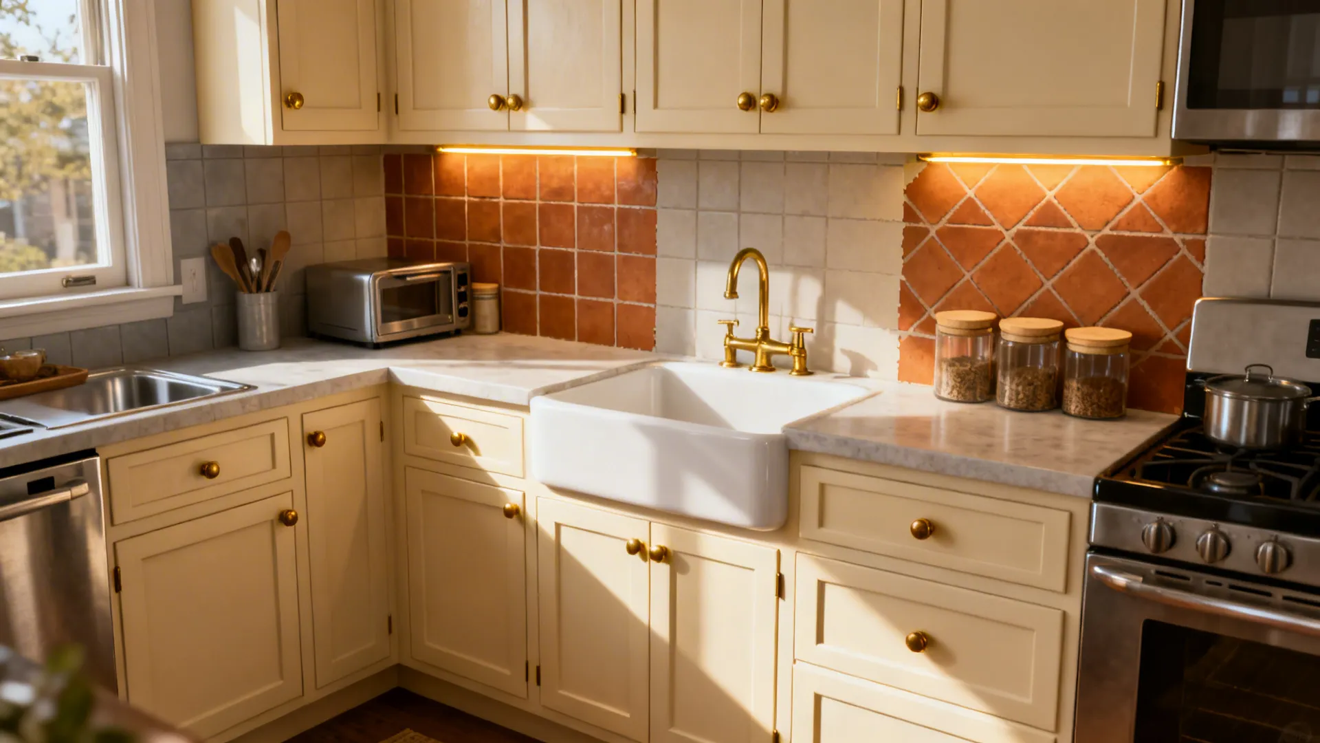 Small kitchen after cosmetic updates with new cabinet fronts, hardware and under-cabinet lighting.