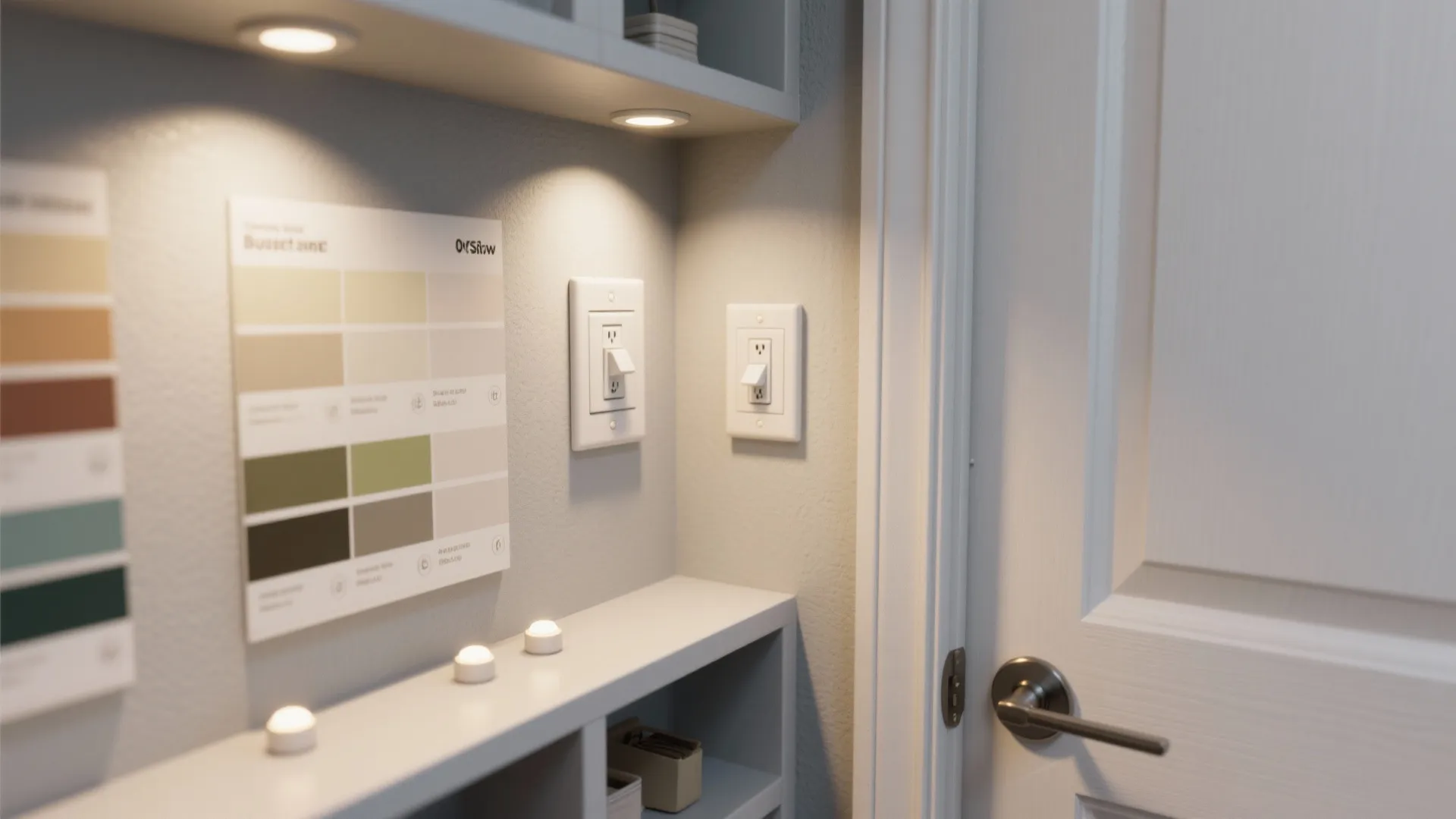 Close up of interior wall with color paint swatches light switches and small ceiling lights