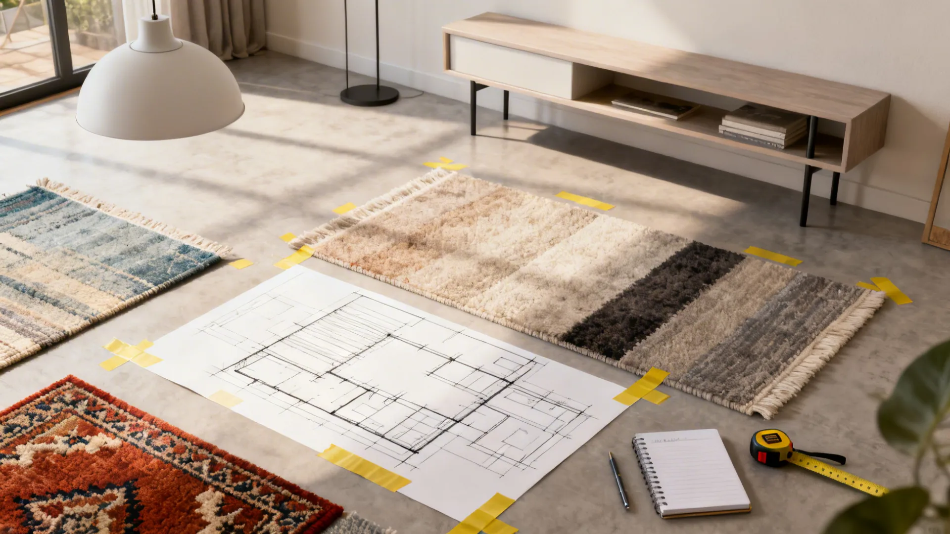 Budget-friendly design tools and samples including rugs, pendant mockup and painter's tape layout