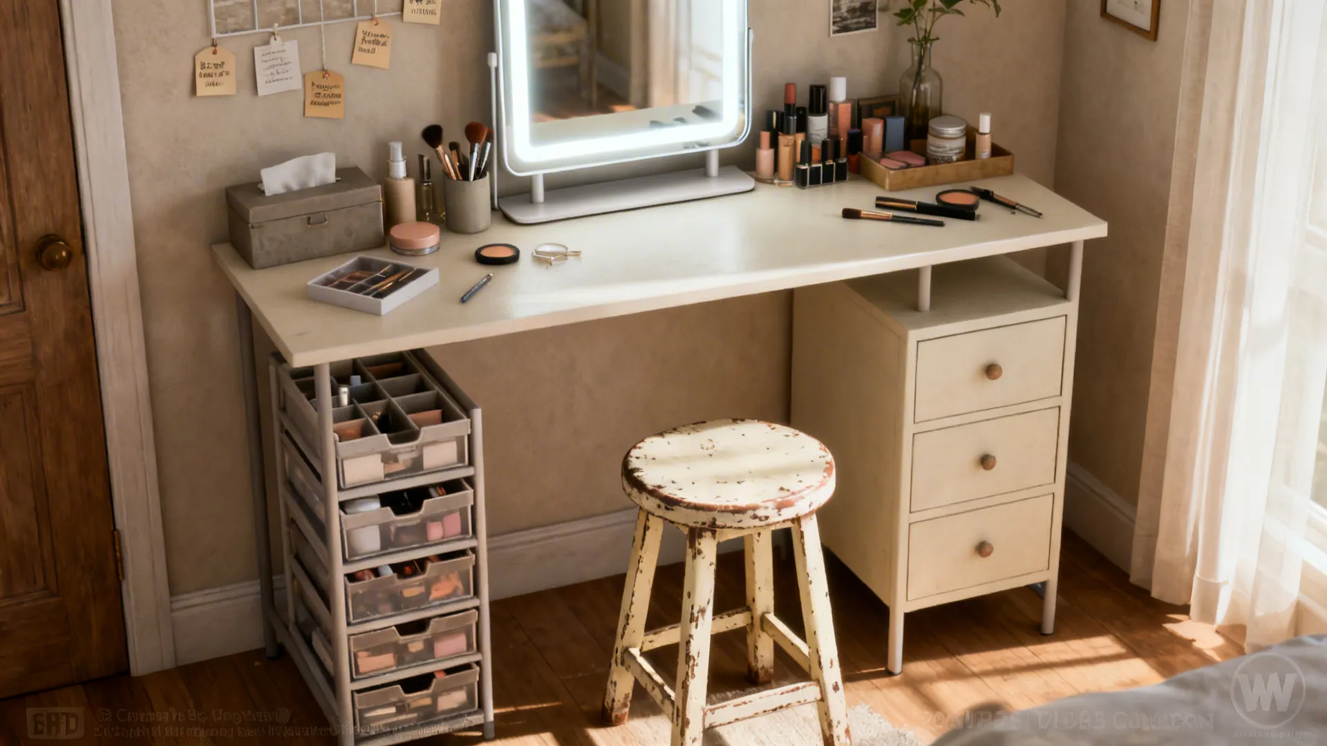 Affordable vanity setup with a quality mirror, LED lighting, and refurbished furniture for personality.
