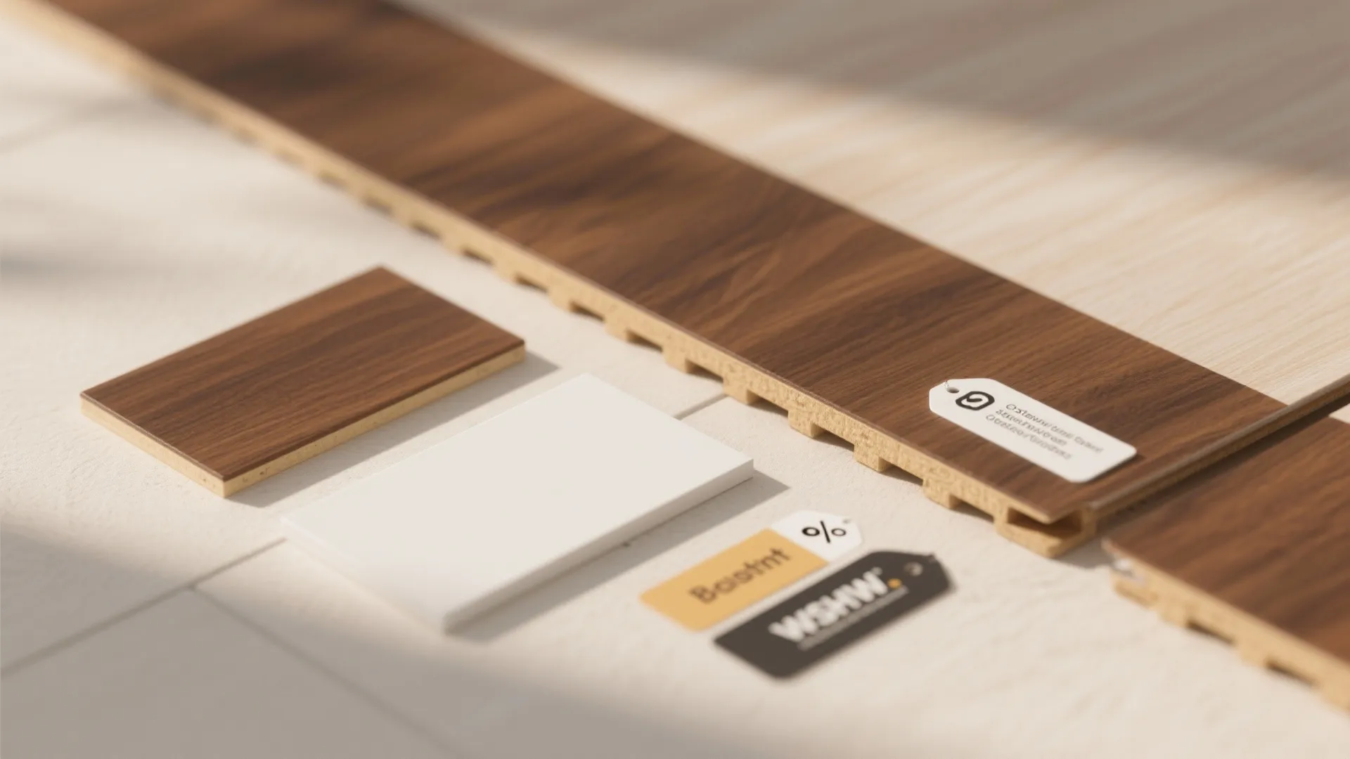 Flatlay of walnut veneer, thin toe-kick sample and MDF painted white illustrating budget strategies