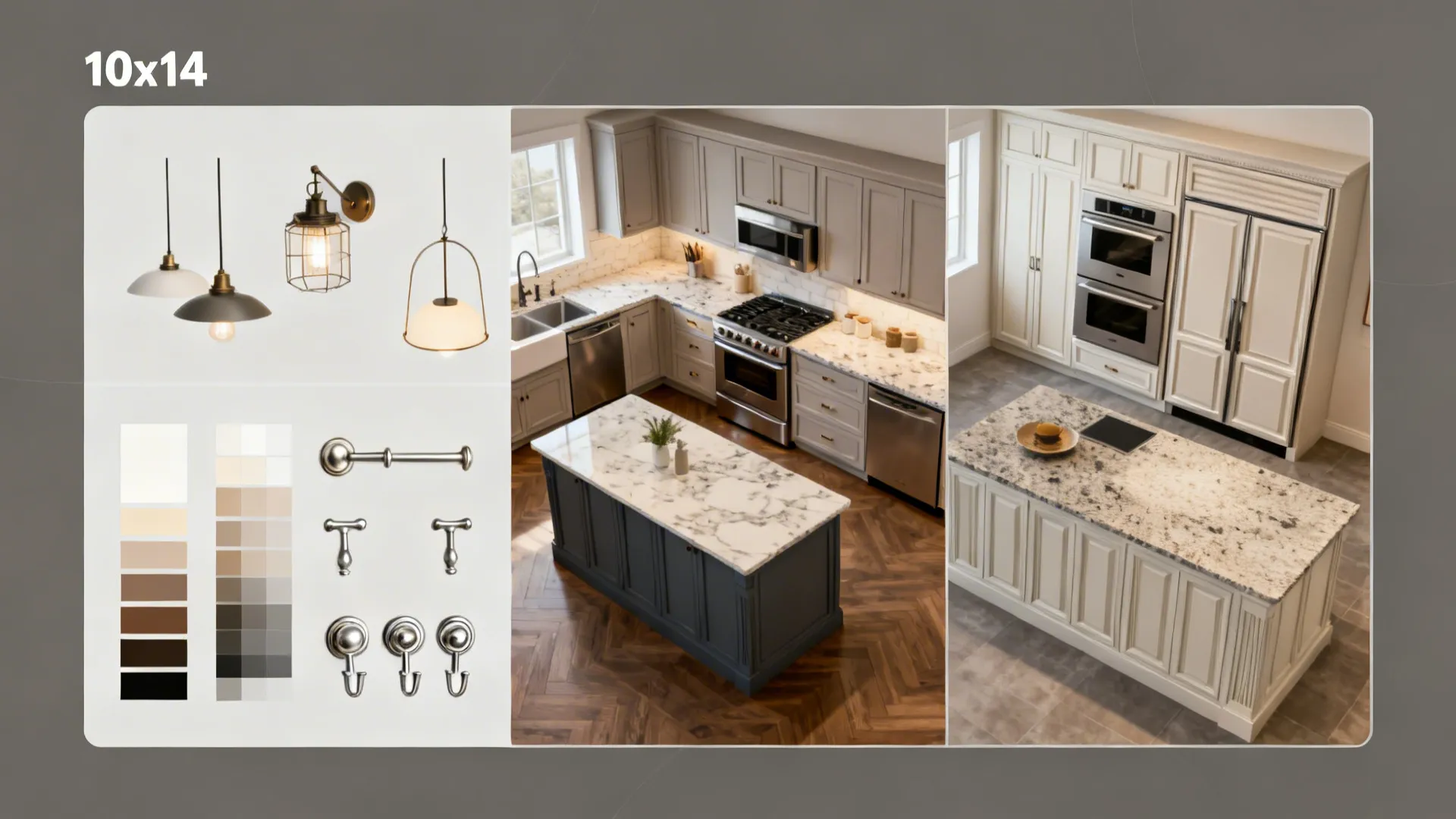 Top-down vignette showing kitchen zones that imply cosmetic, mid-range, and premium upgrades.