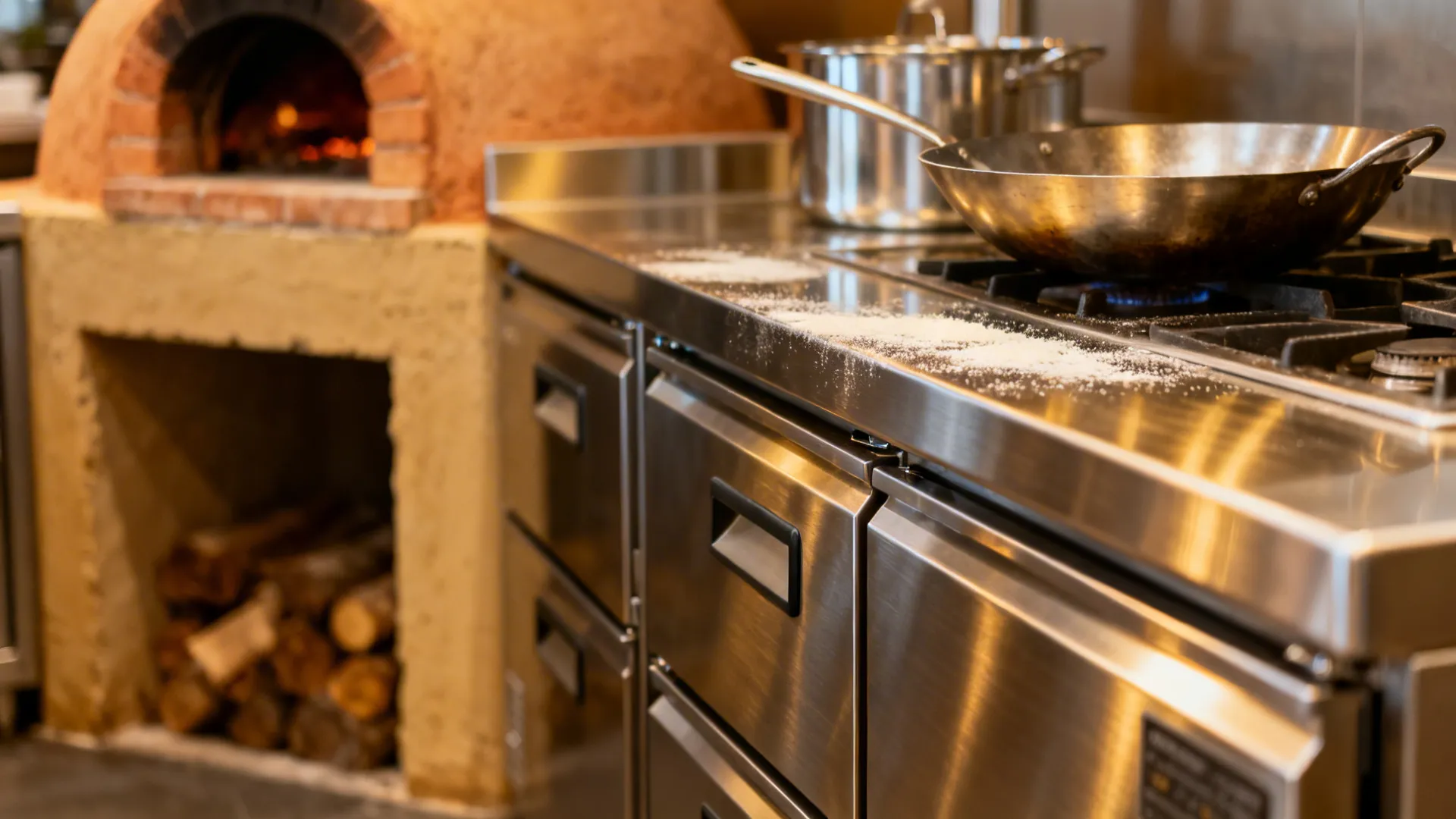 Macro of refrigerated chef base buffer with sealed toe-kicks between tandoor and burners.