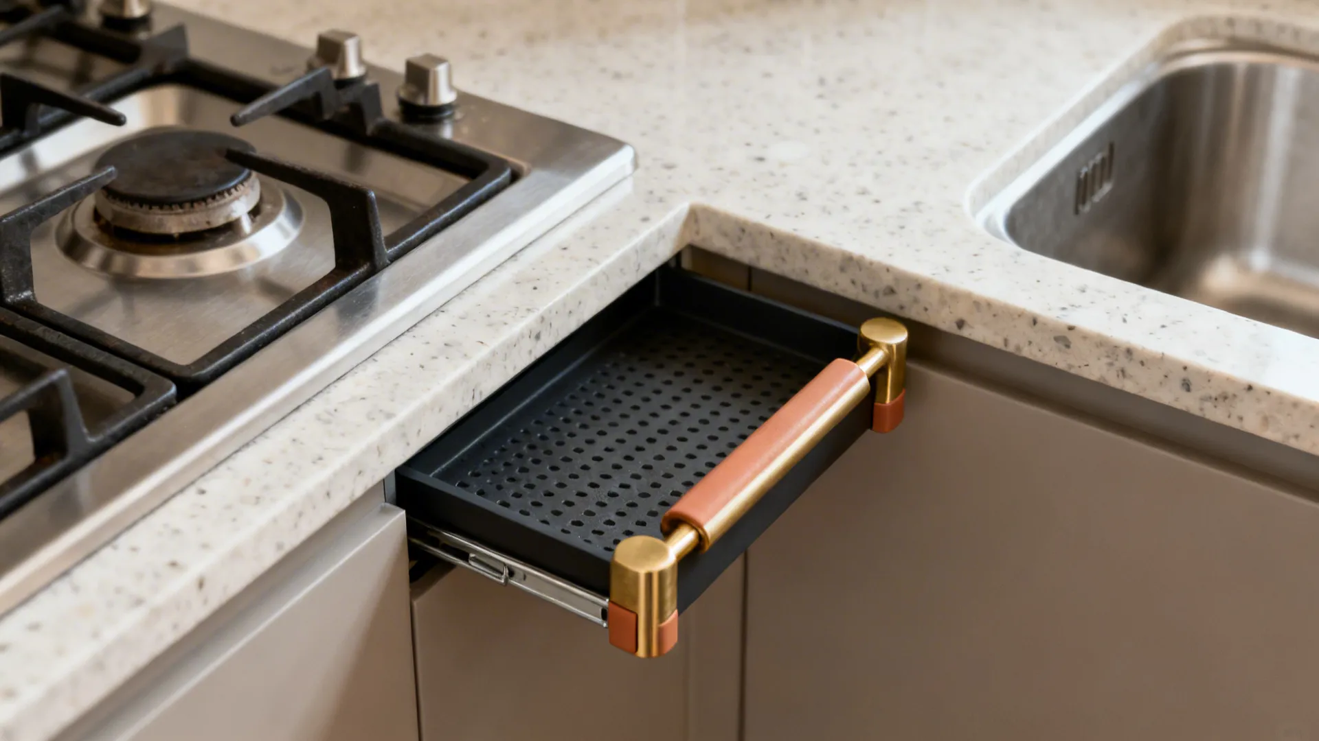 Macro of a slim spice pull-out buffer between stove and sink on a quartz countertop.
