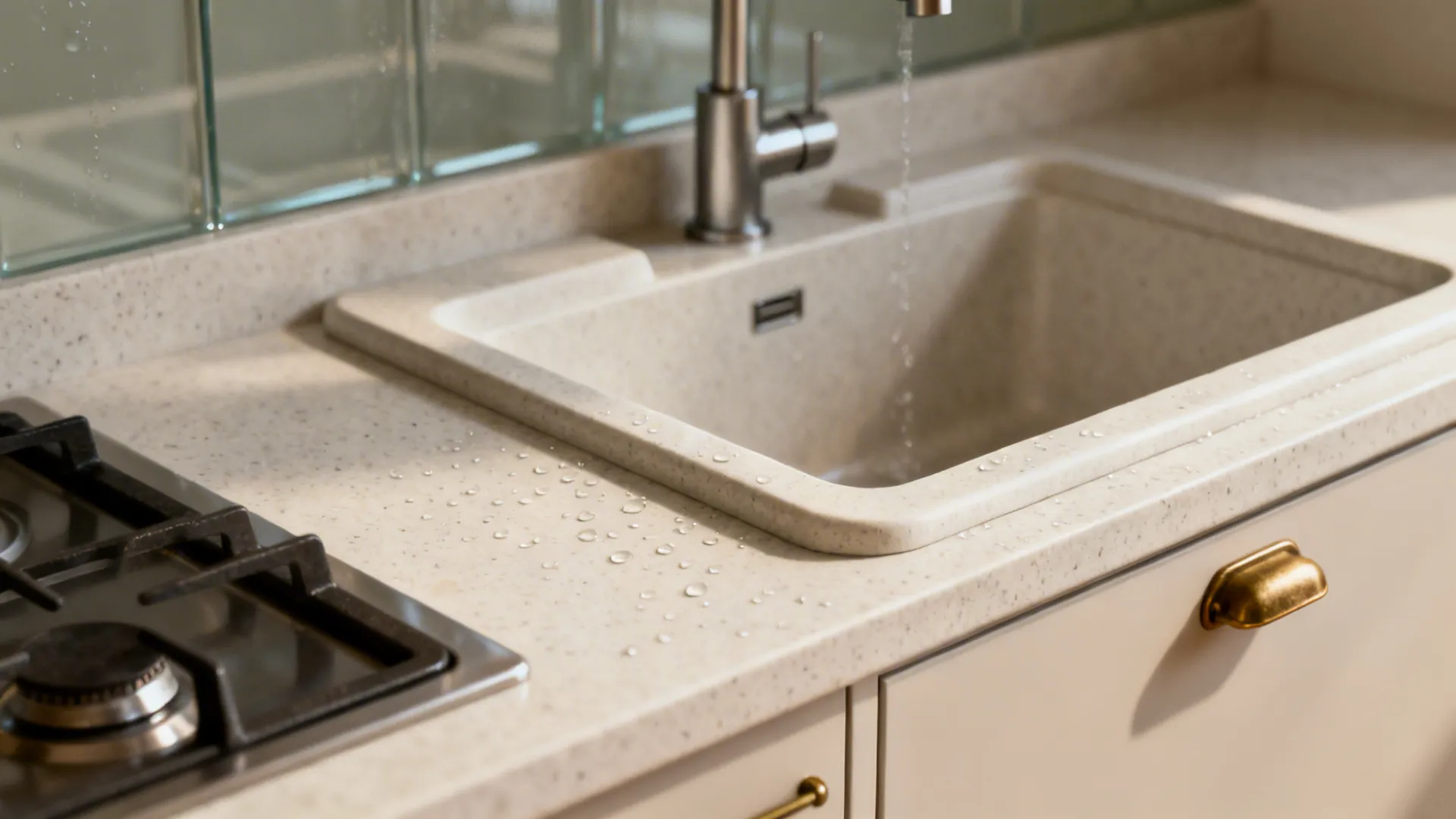 Close-up of a composite sink, splash guard, and slim buffer cabinet separating it from the cooktop.