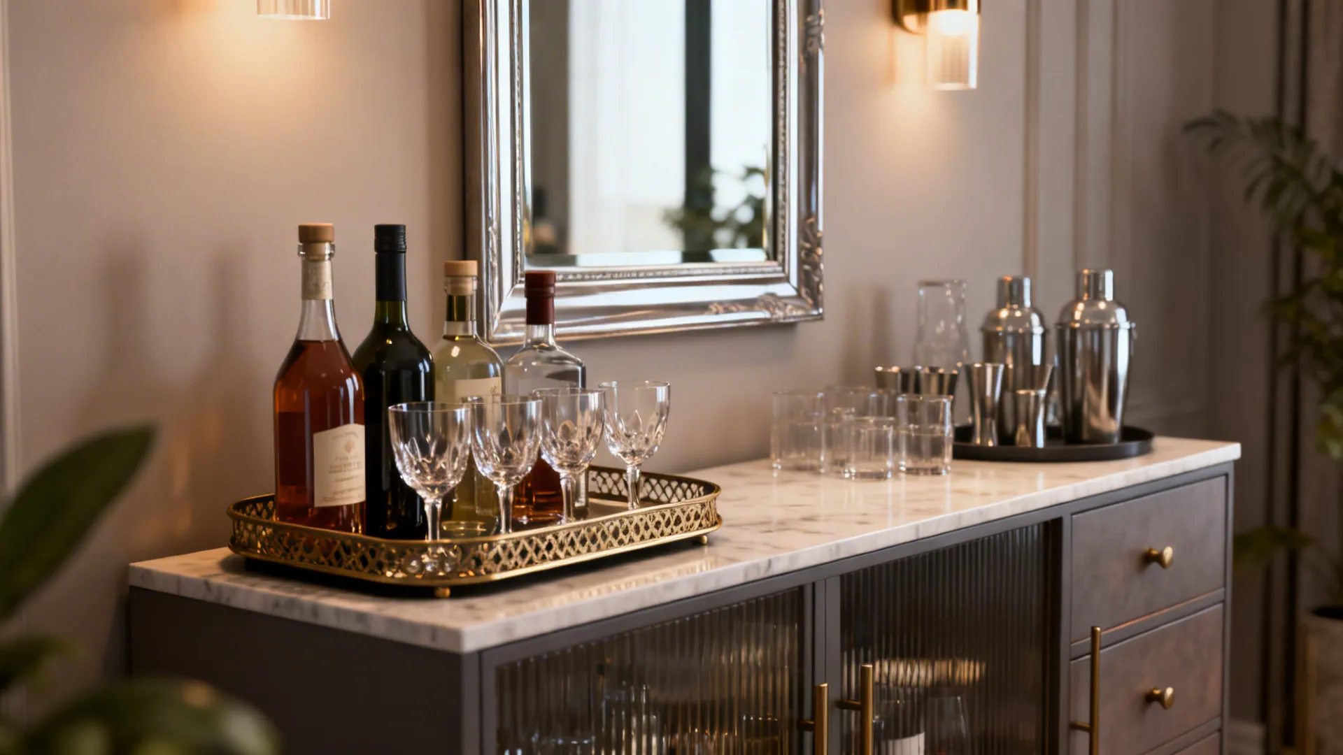 Buffet styled as a bar with bottles and glassware on a tray and a mirror above