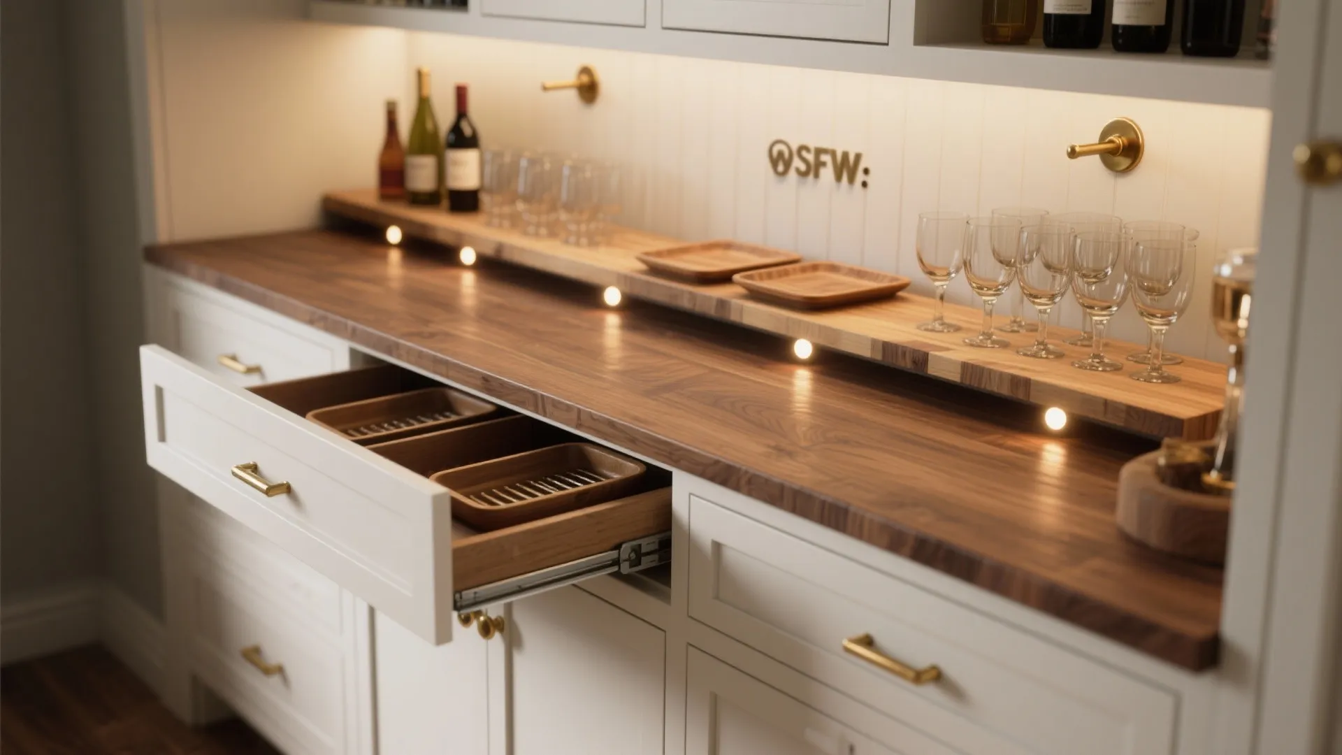 Close-up of a multi-function white buffet used as a bar with slide-out trays, butcher-block top and warm puck lighting.