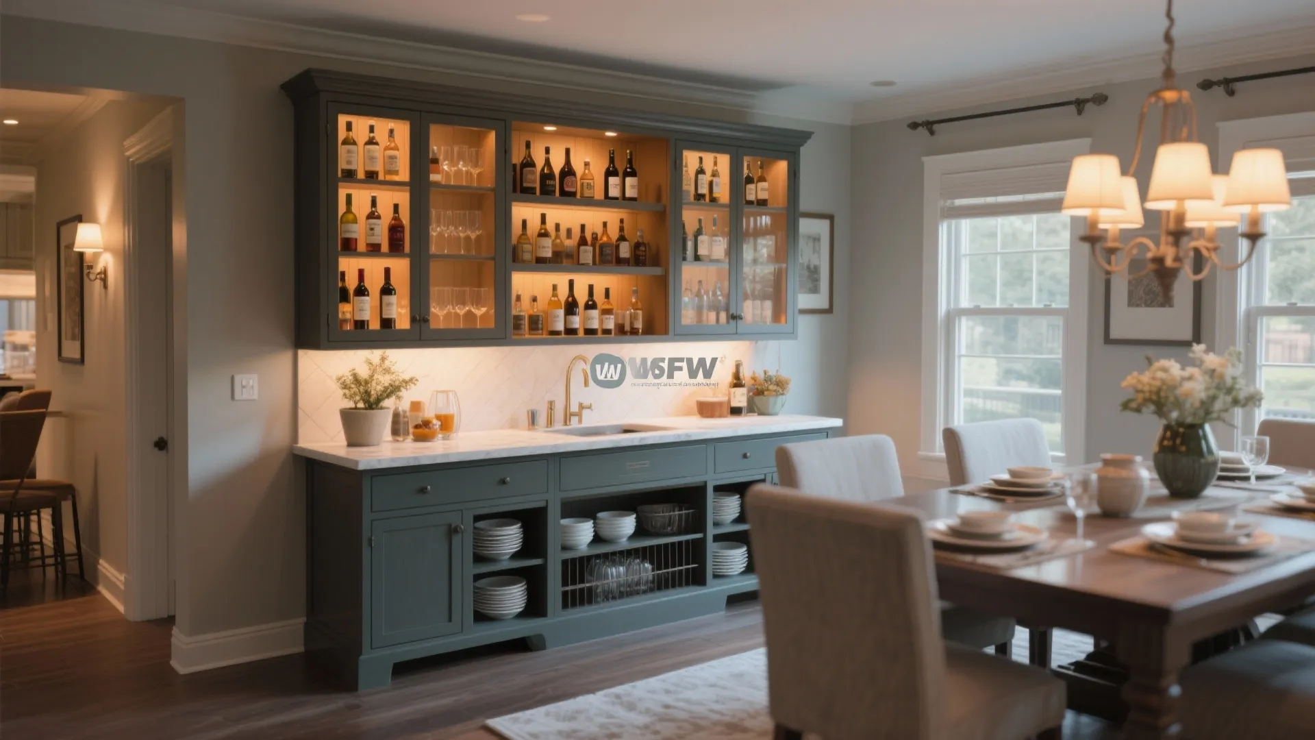 Green kitchen cabinet with warm lights and bottles near a dining table and ceiling light