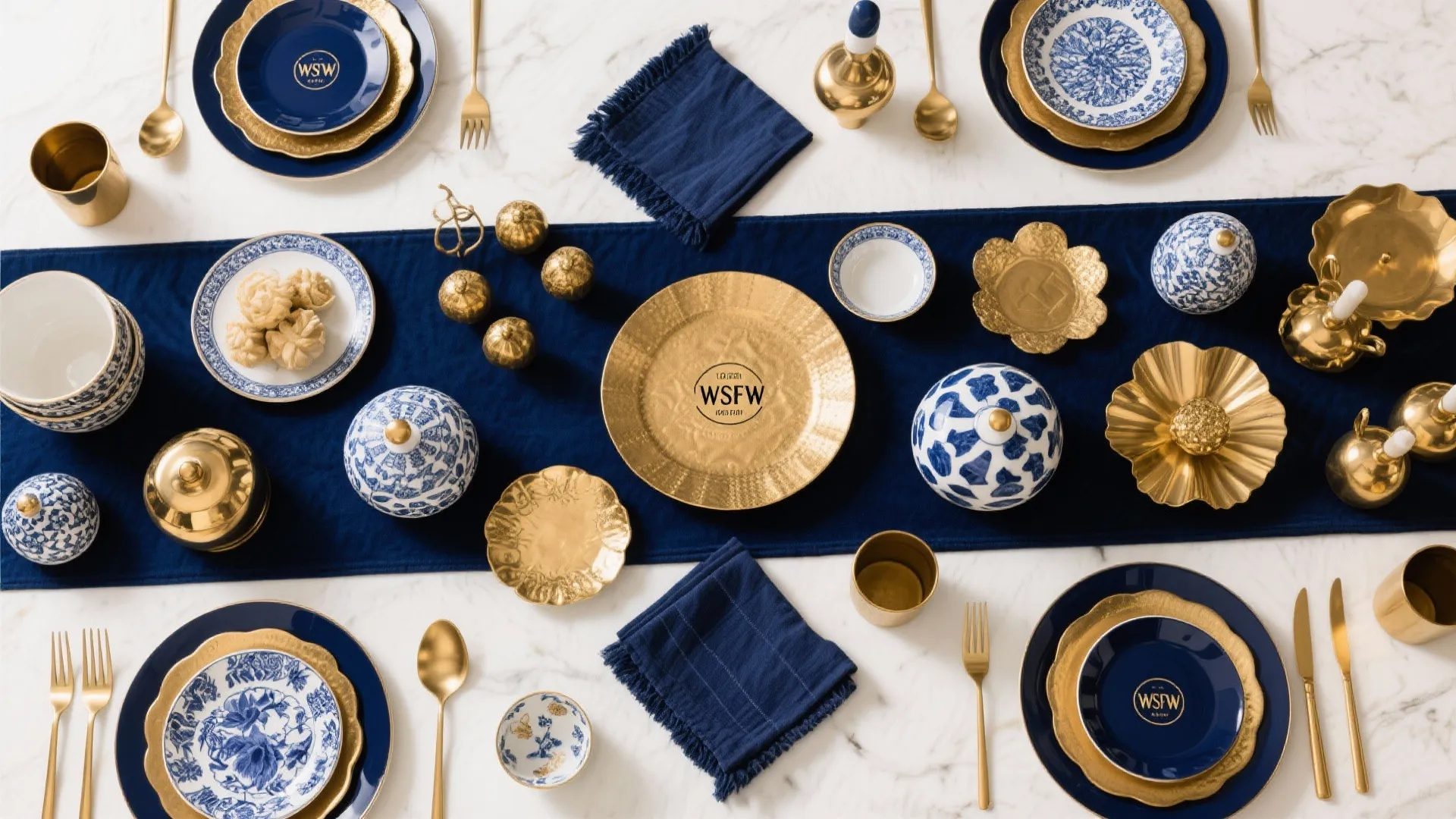Table setting with blue runner gold plates and blue and white bowls on marble surface