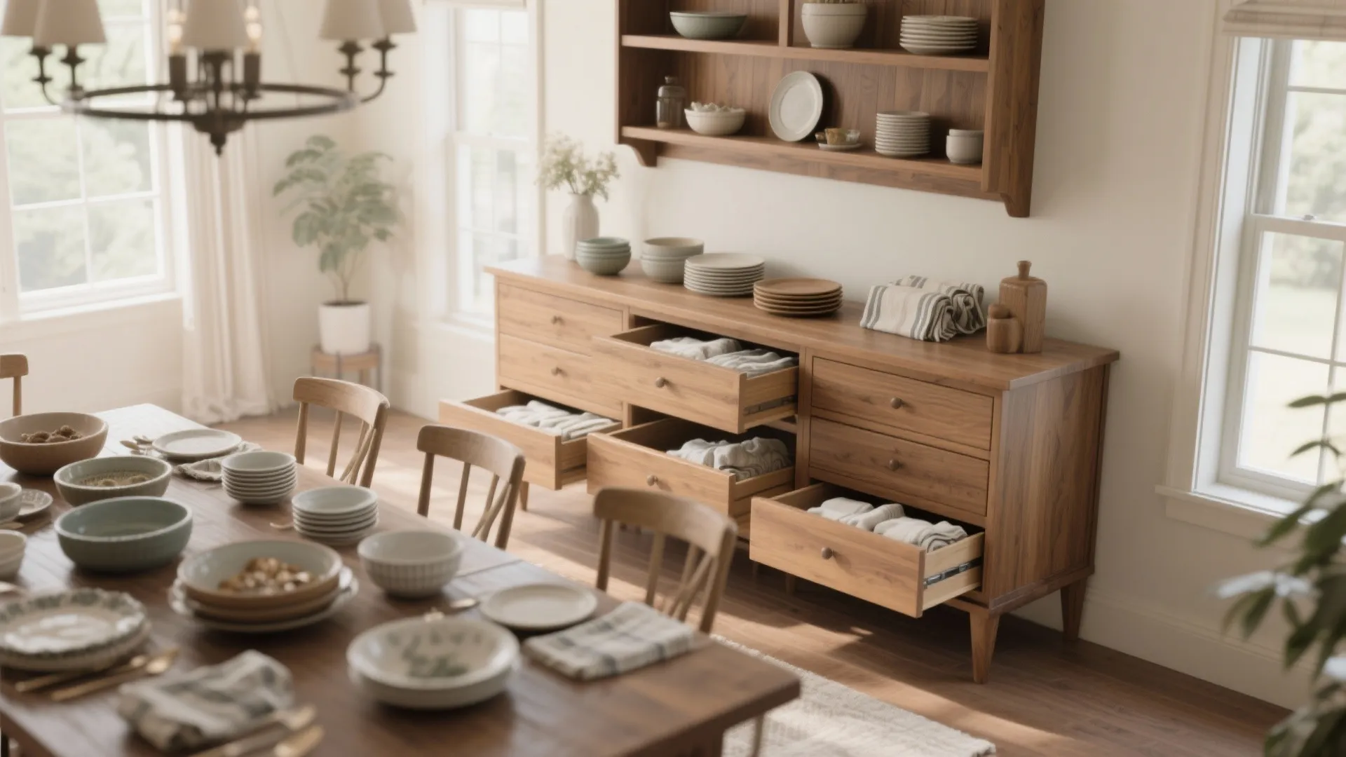 Large wood cabinet with open drawers storing linens in a bright dining room with table