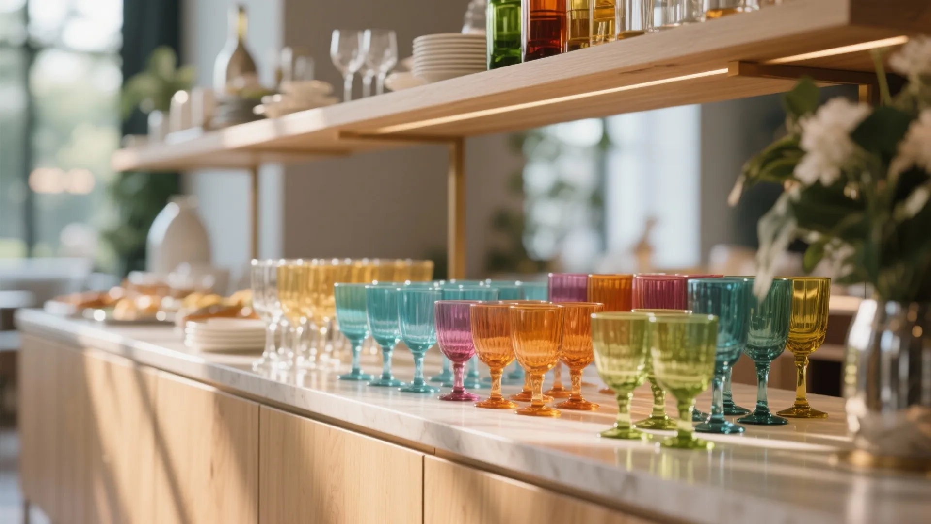 Row of colorful glass cups on a wooden cabinet in a bright modern dining room area
