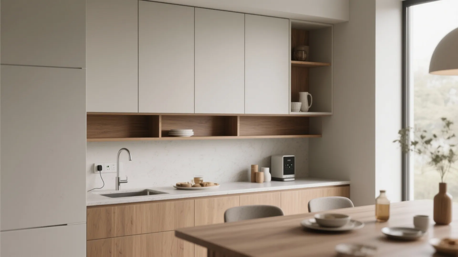 Modern kitchen with white and wood cabinets, marble countertop, sink, and dining table near window