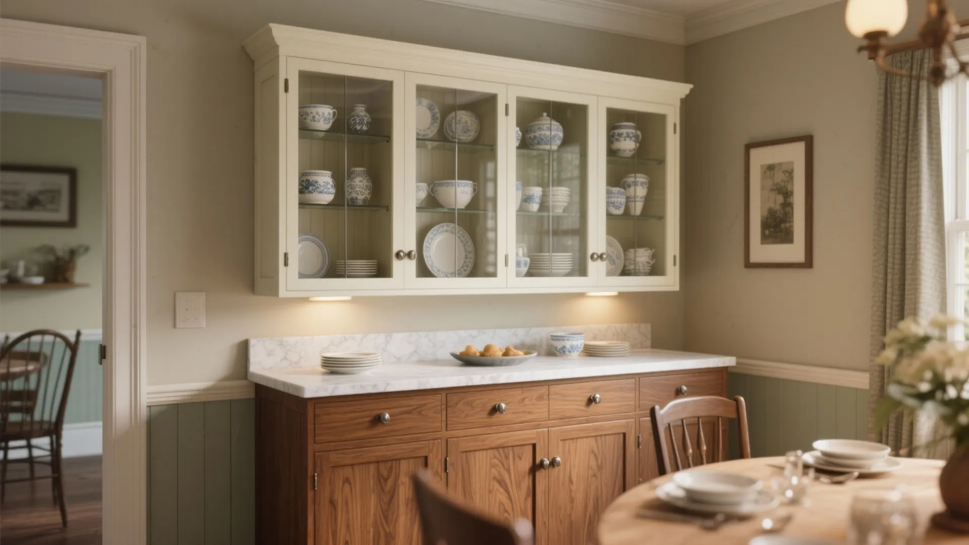 Classic dining room with white glass cabinet, wooden storage base, marble countertop, and round table