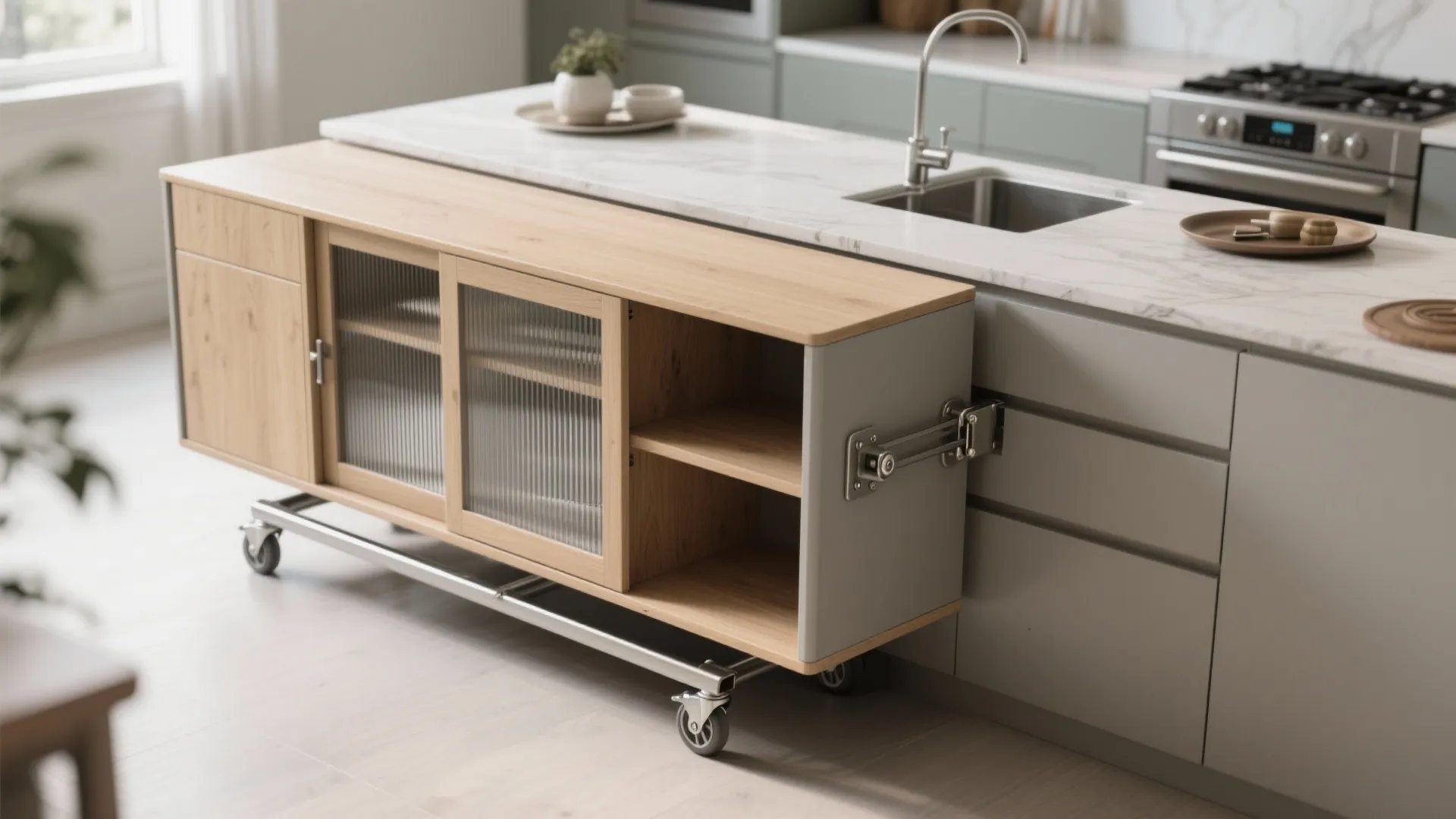 Wooden kitchen cabinet with glass doors on wheels attached to a modern grey kitchen island