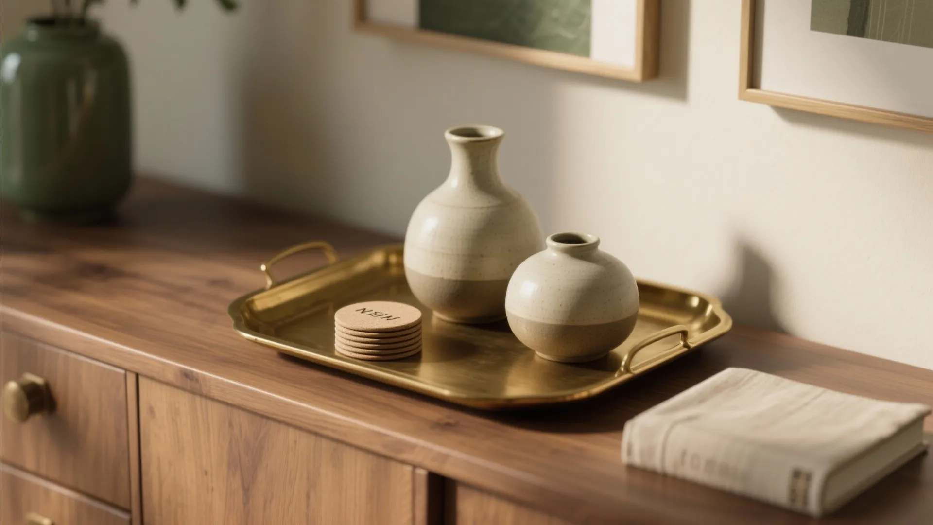 Layered styling with trays and vases