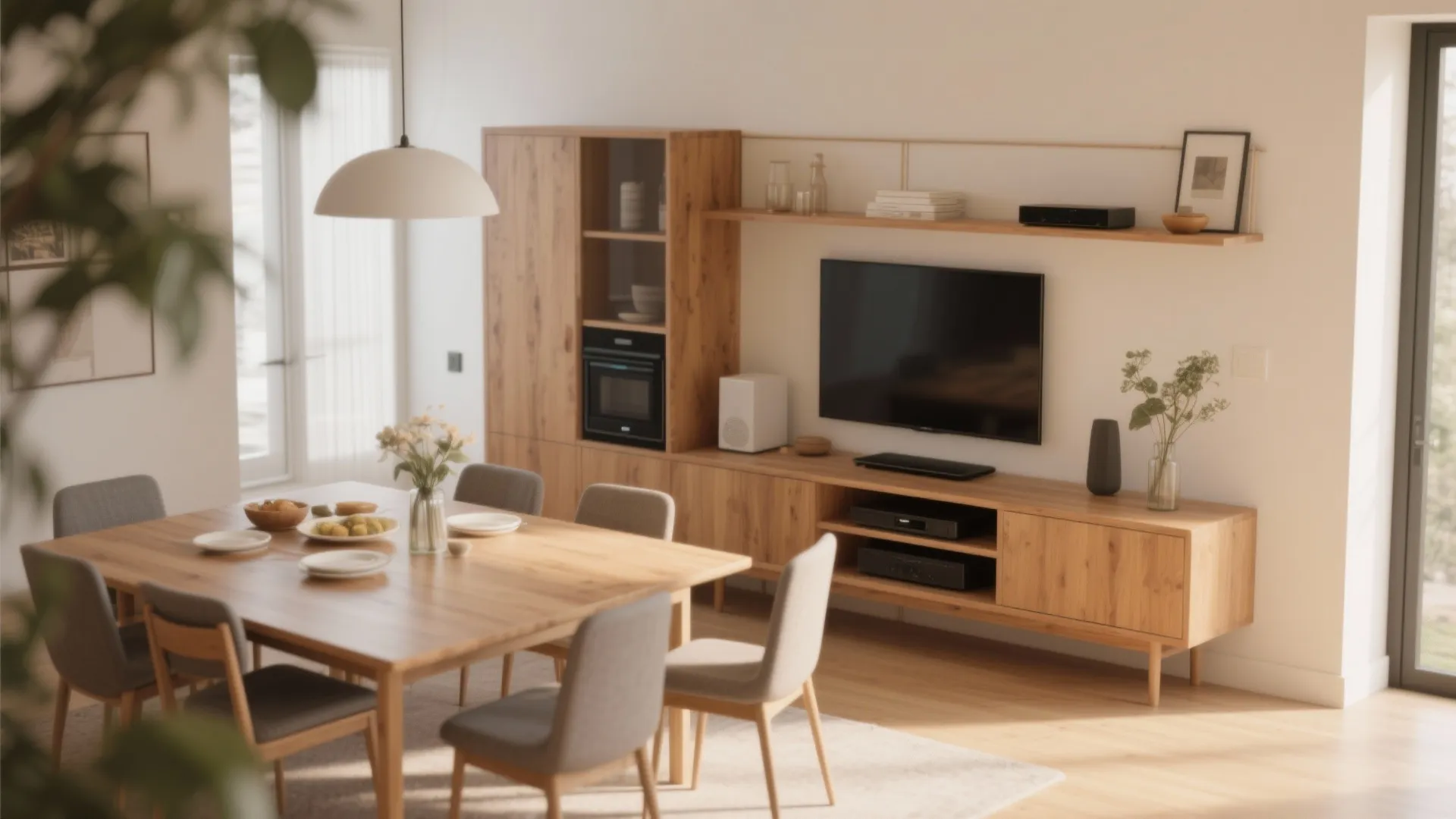 Dining room setup combining buffet and media storage unit