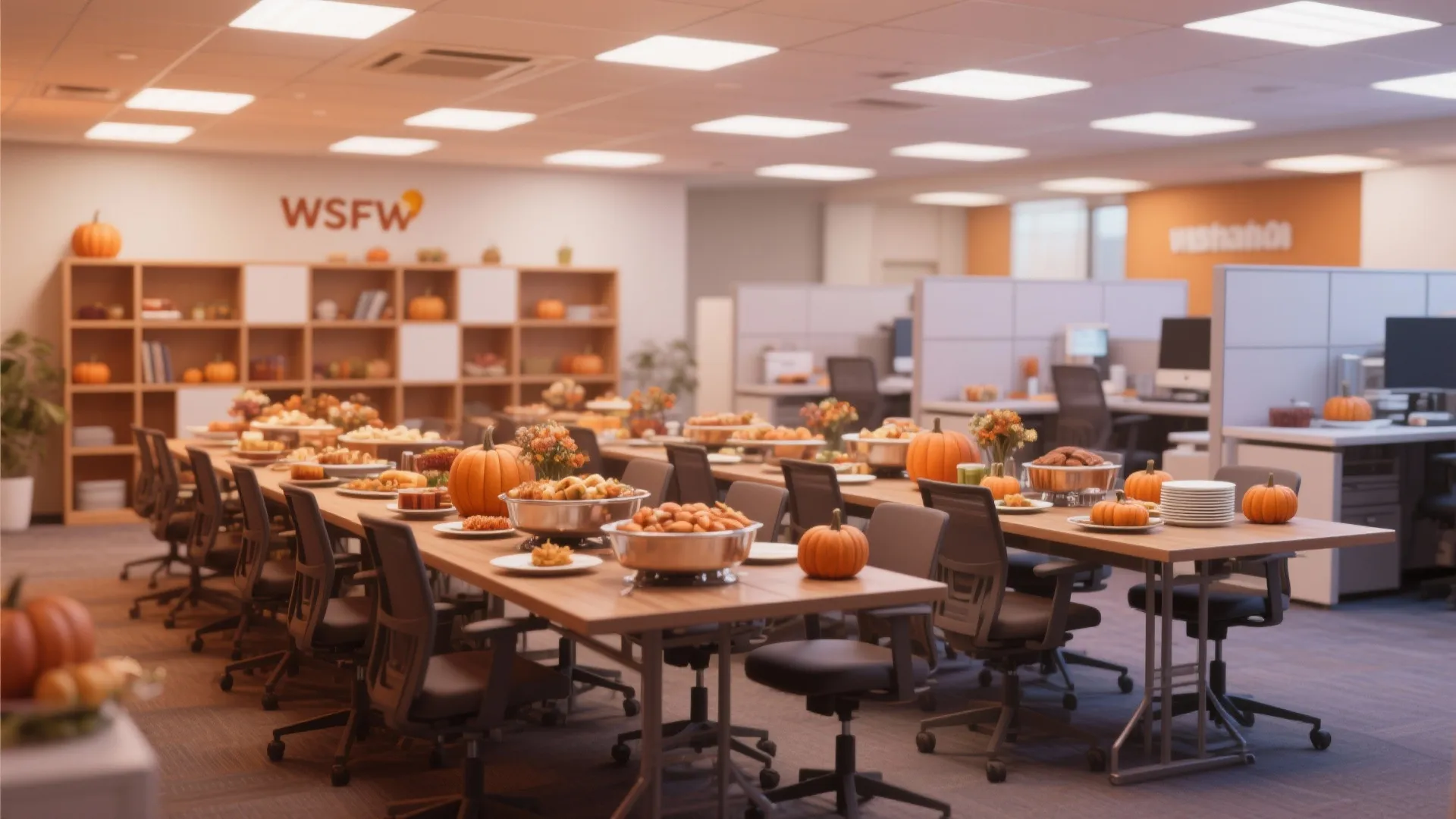 Large office room with long wooden tables holding food platters pumpkins and grey office chairs