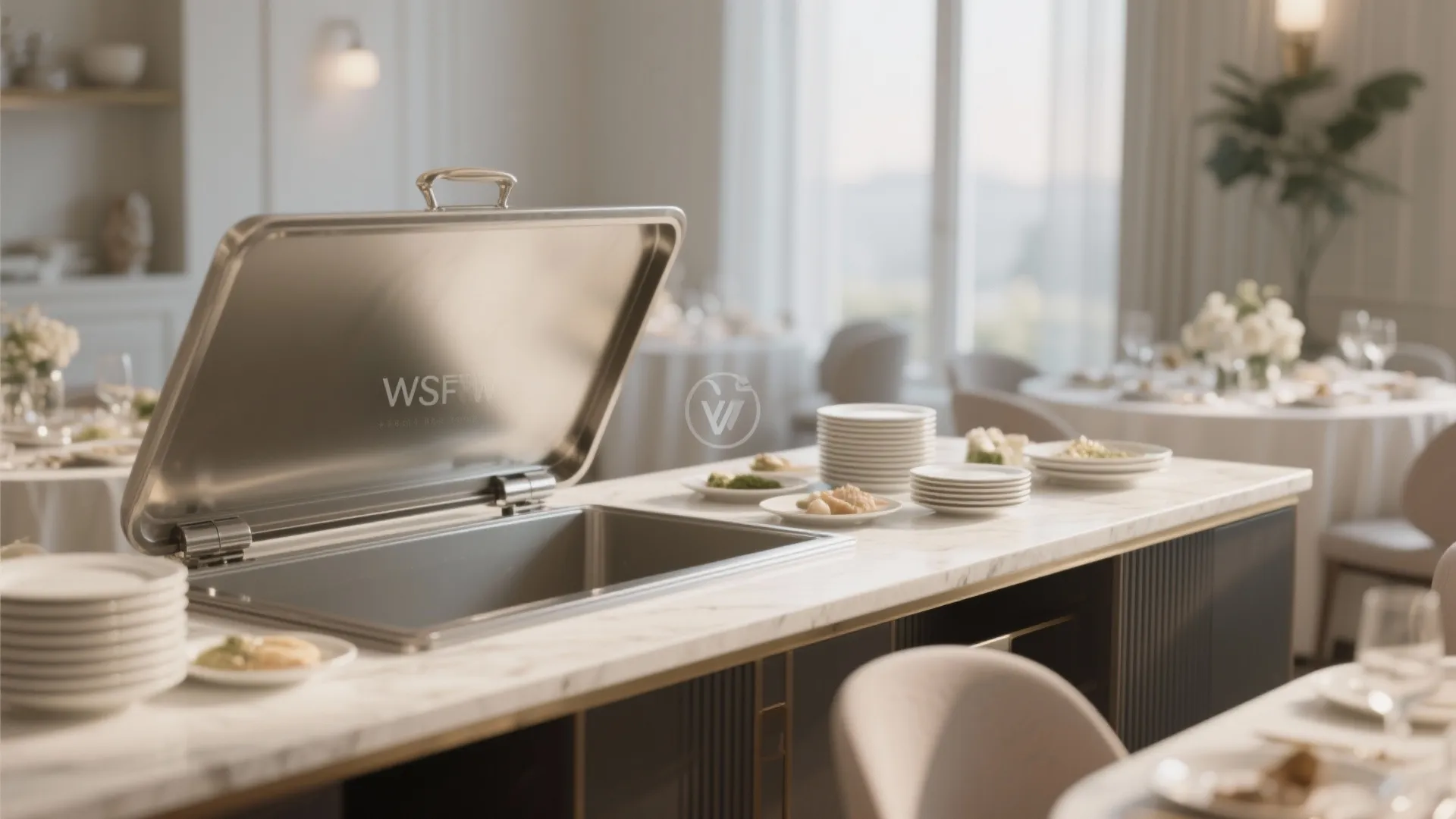 Luxury buffet serving area with metal food warmer white plates and marble countertop in restaurant