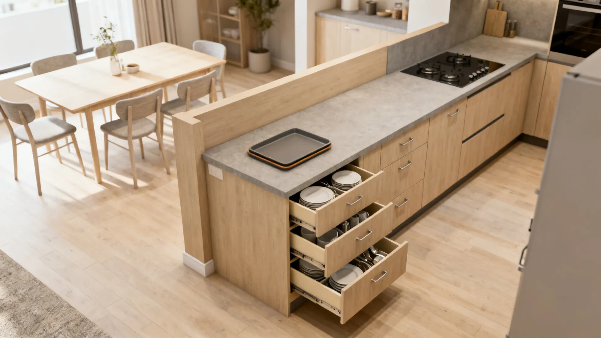 2) Half-Height Buffet Partition with Closed Crockery Drawers