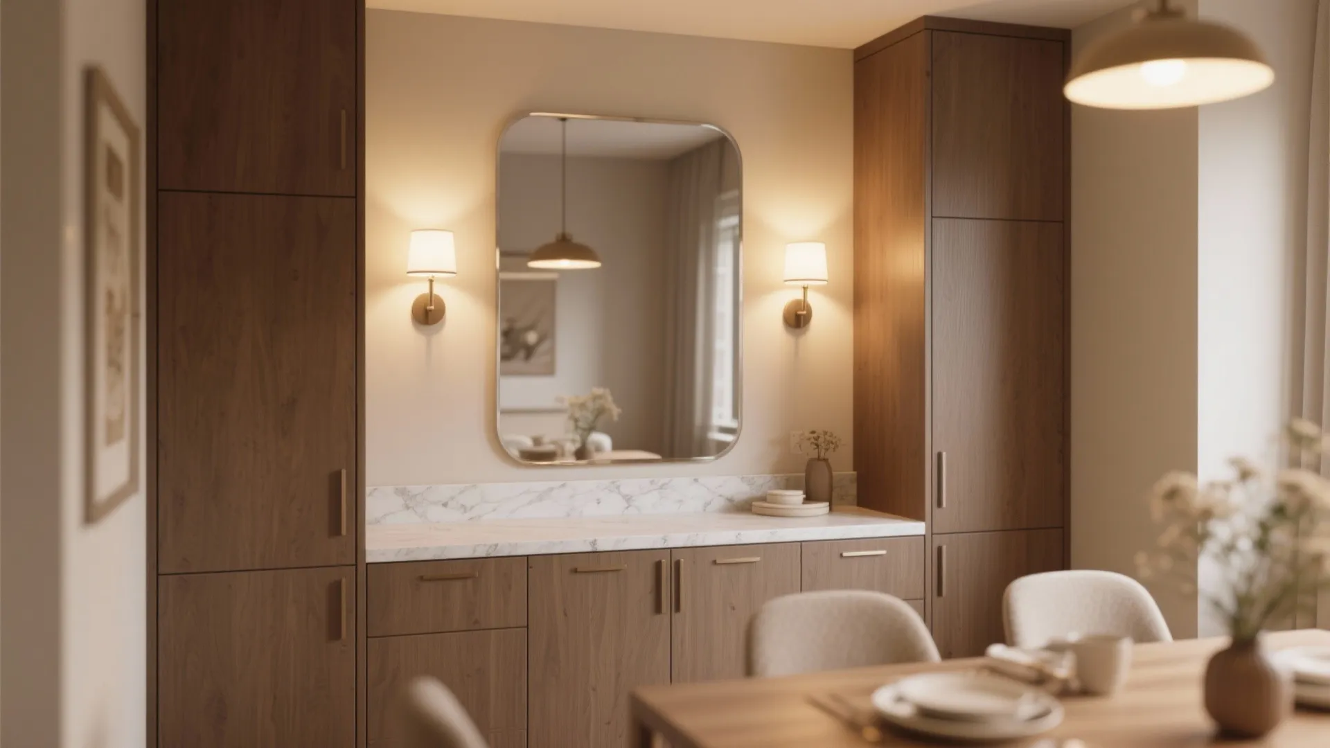 Built-In Buffet Wall With Mirror and Sconce Layering