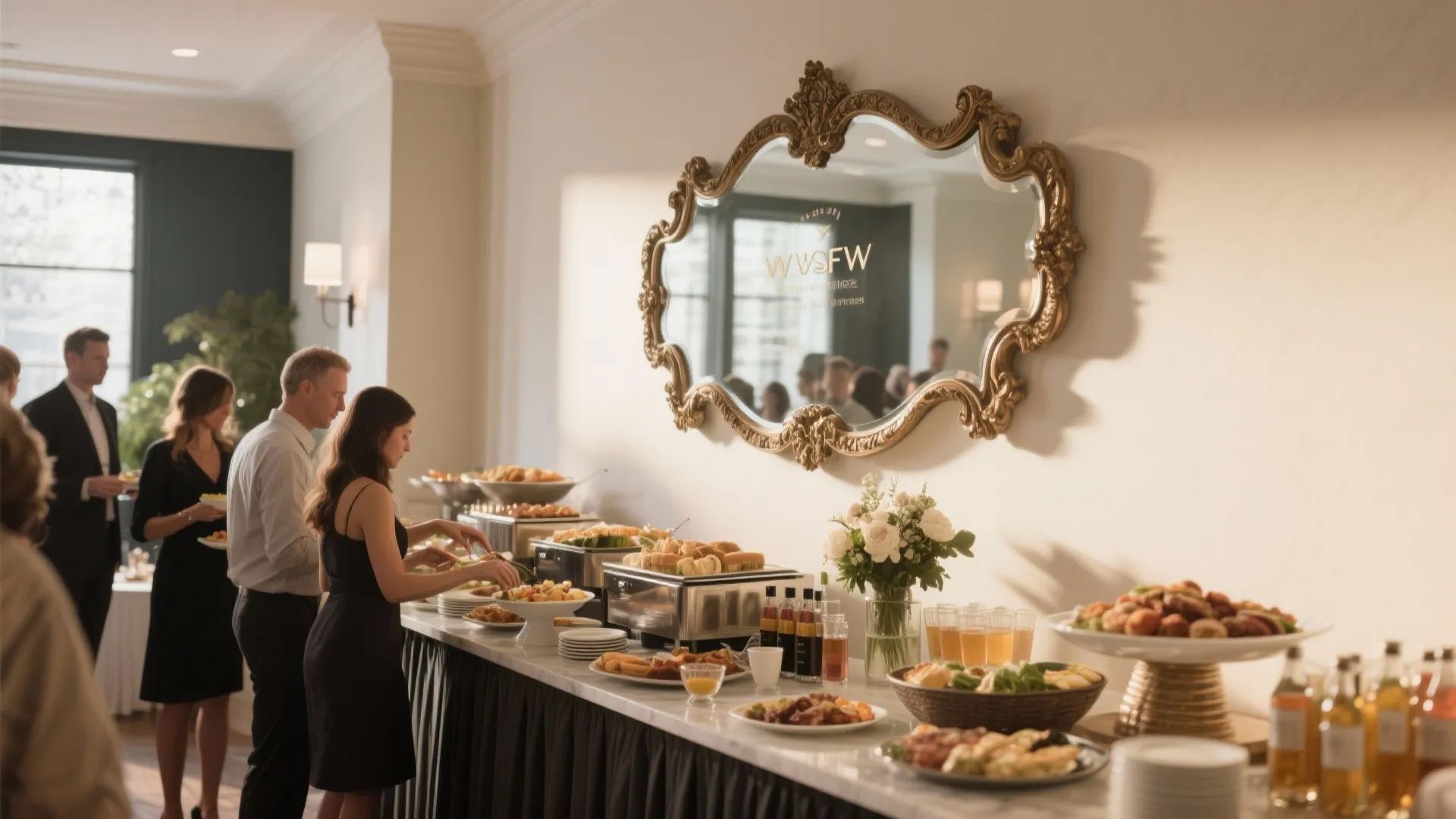 Buffet wall with decorative mirror in party room