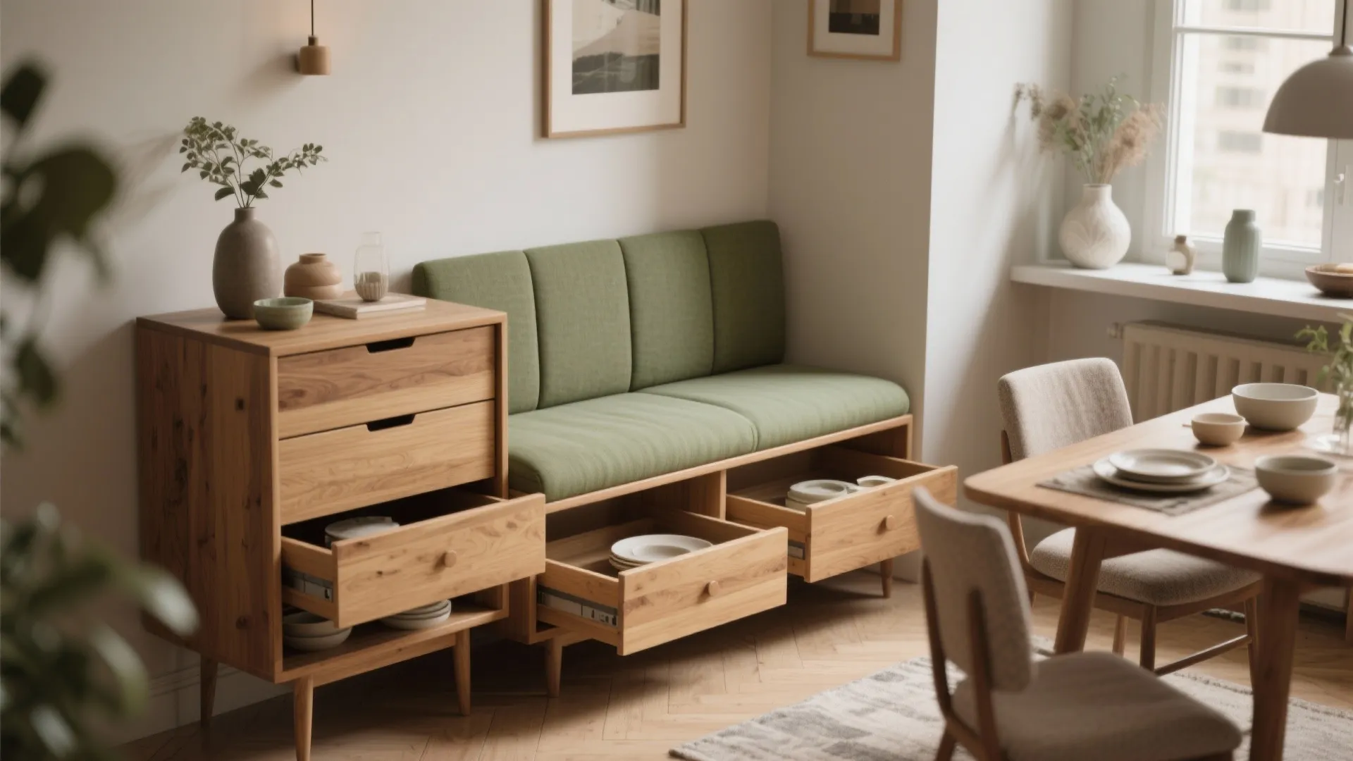 Modern wooden cabinet and green bench with storage drawers used in a bright dining room