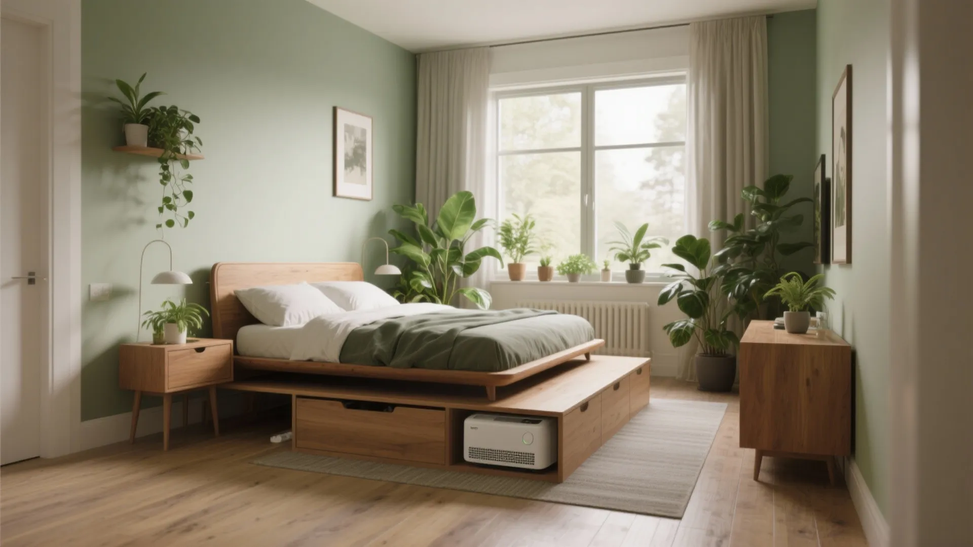 Modern bedroom with wooden bed frame green walls many potted plants and bright natural light