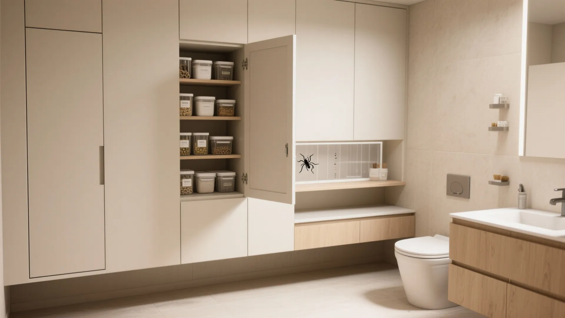 Cream colored bathroom cabinet with open shelves holding storage jars and a bug proof seal