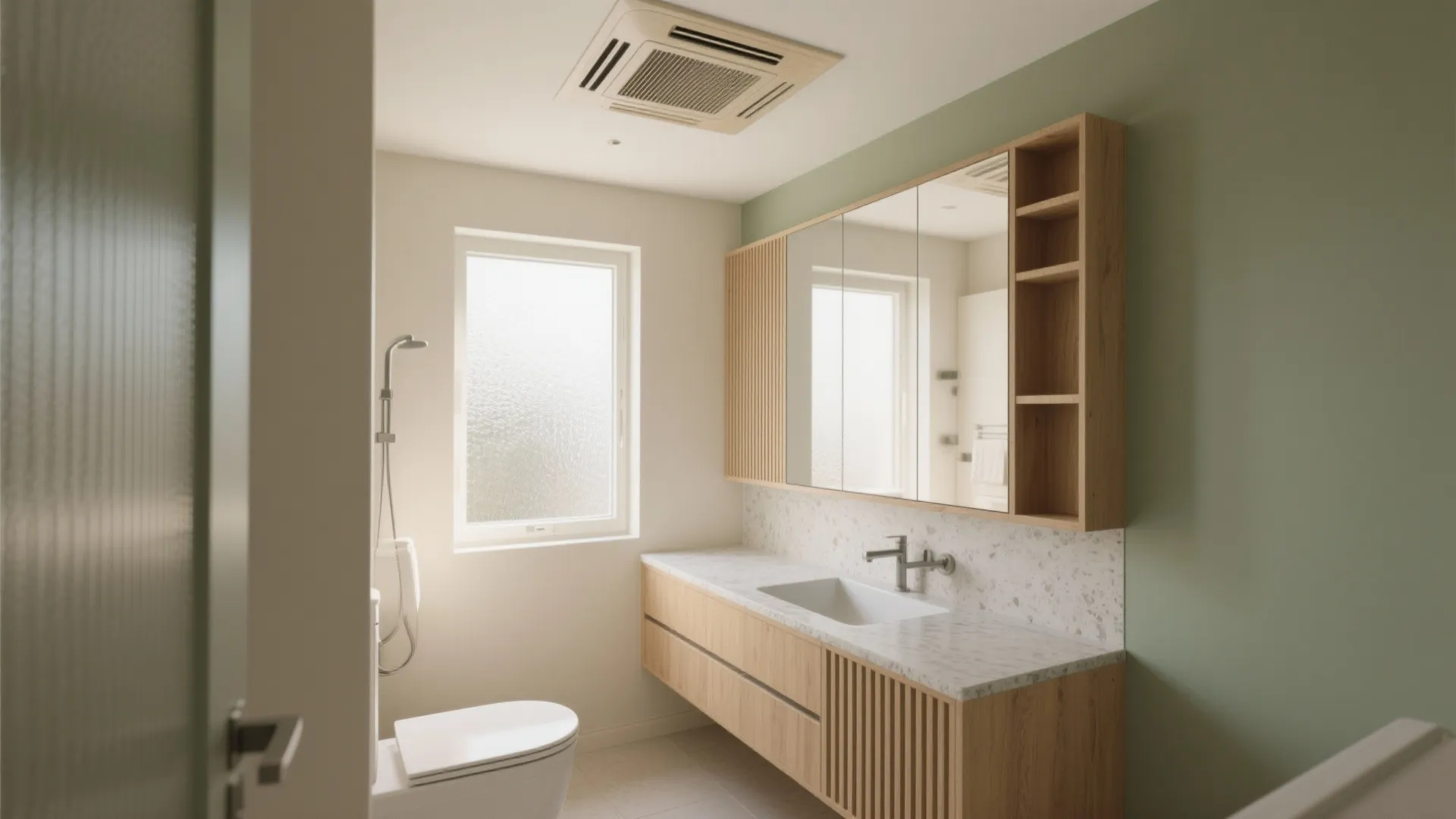 Modern bathroom featuring wood cabinet white marble sink large mirror green wall and natural light
