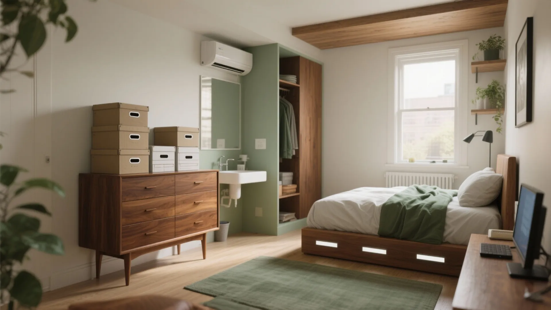 Modern small bedroom with wooden cabinet, green wall panel, sink, bed, and natural window light