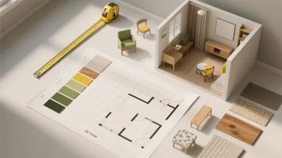 Modern Living Room Layout with Natural Materials & Warm Tones