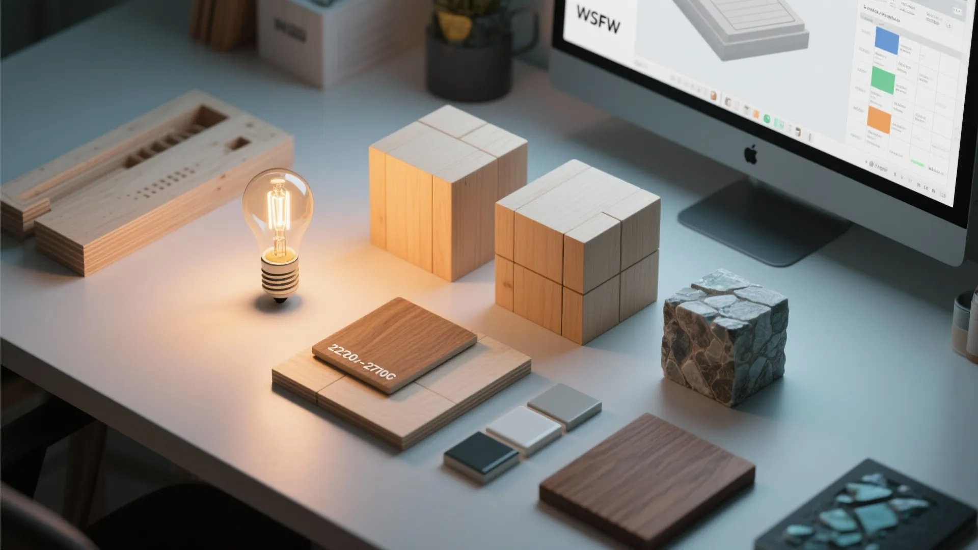Office desk with computer screen light bulb wooden blocks and material samples for room layout planning