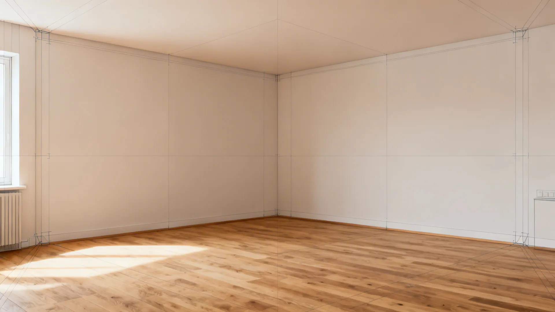 Two-point perspective room box from a back corner with converging floor and ceiling lines and neutral finishes.