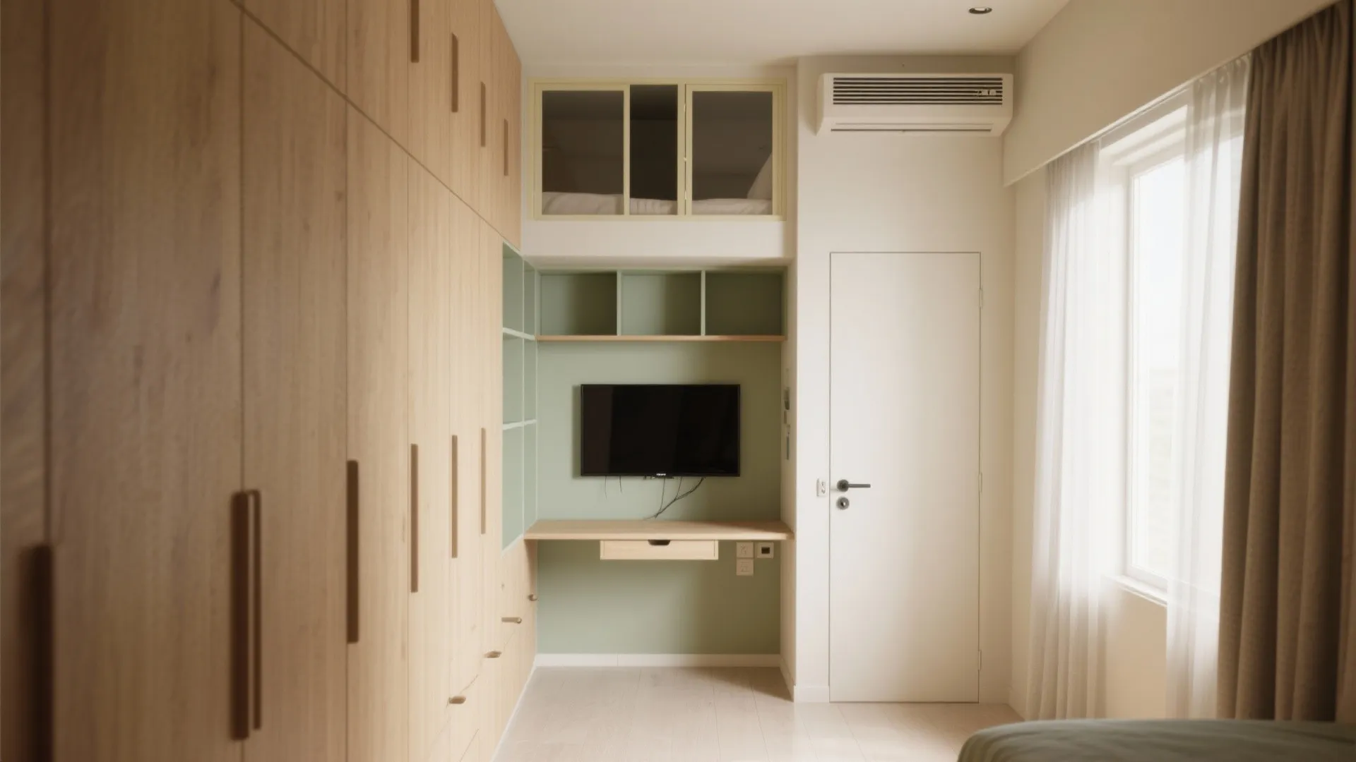 Modern small room featuring wooden wall cabinets a green study desk with television and loft