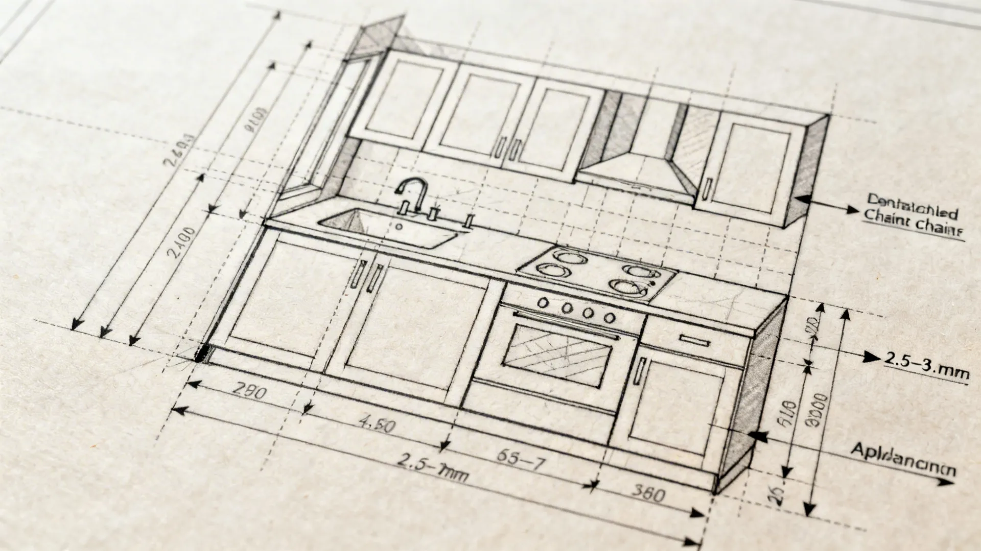 Macro of kitchen plan dimensions to finished faces with clear chain dimensions and centerlines.